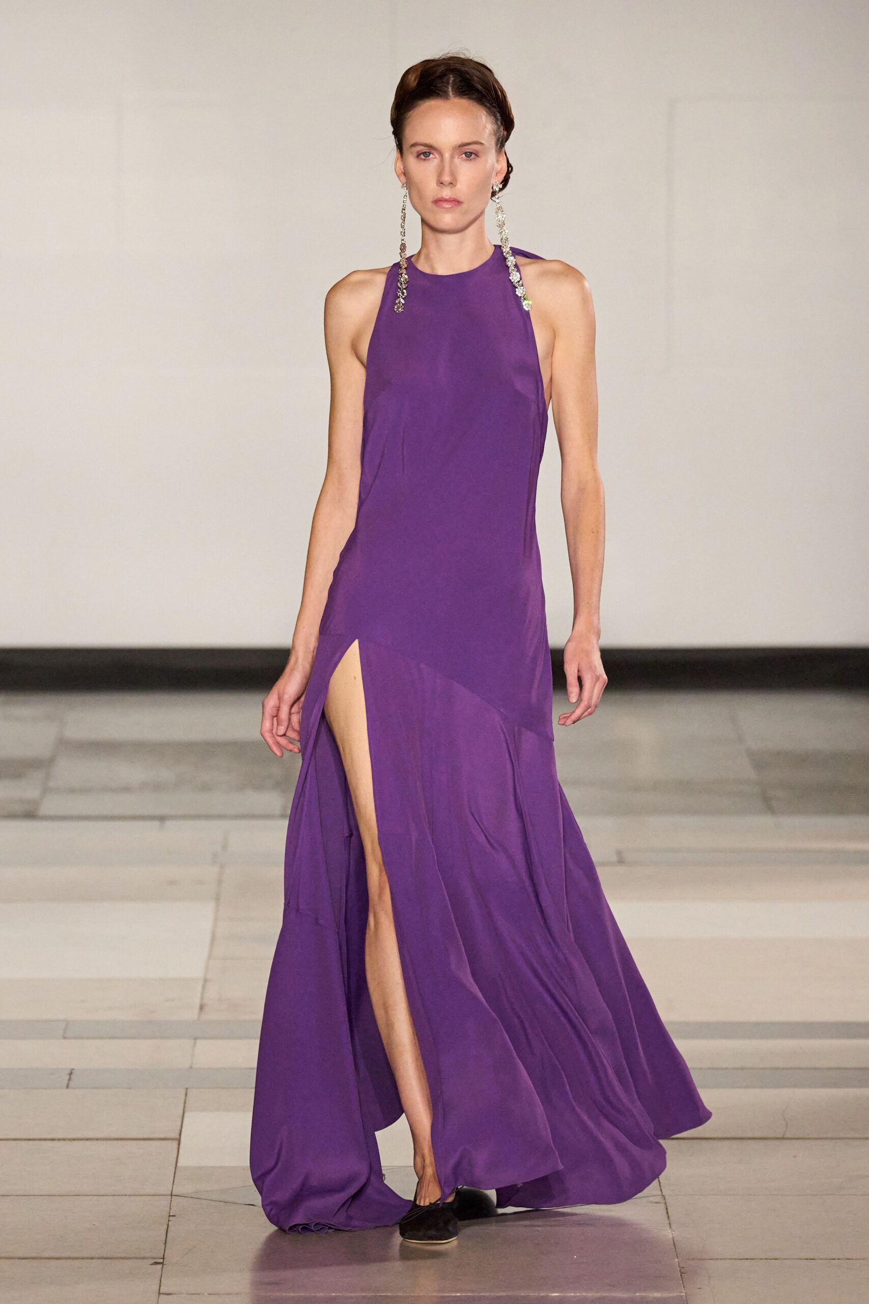 purple silk sleeveless halter fitted flowing maxi gown