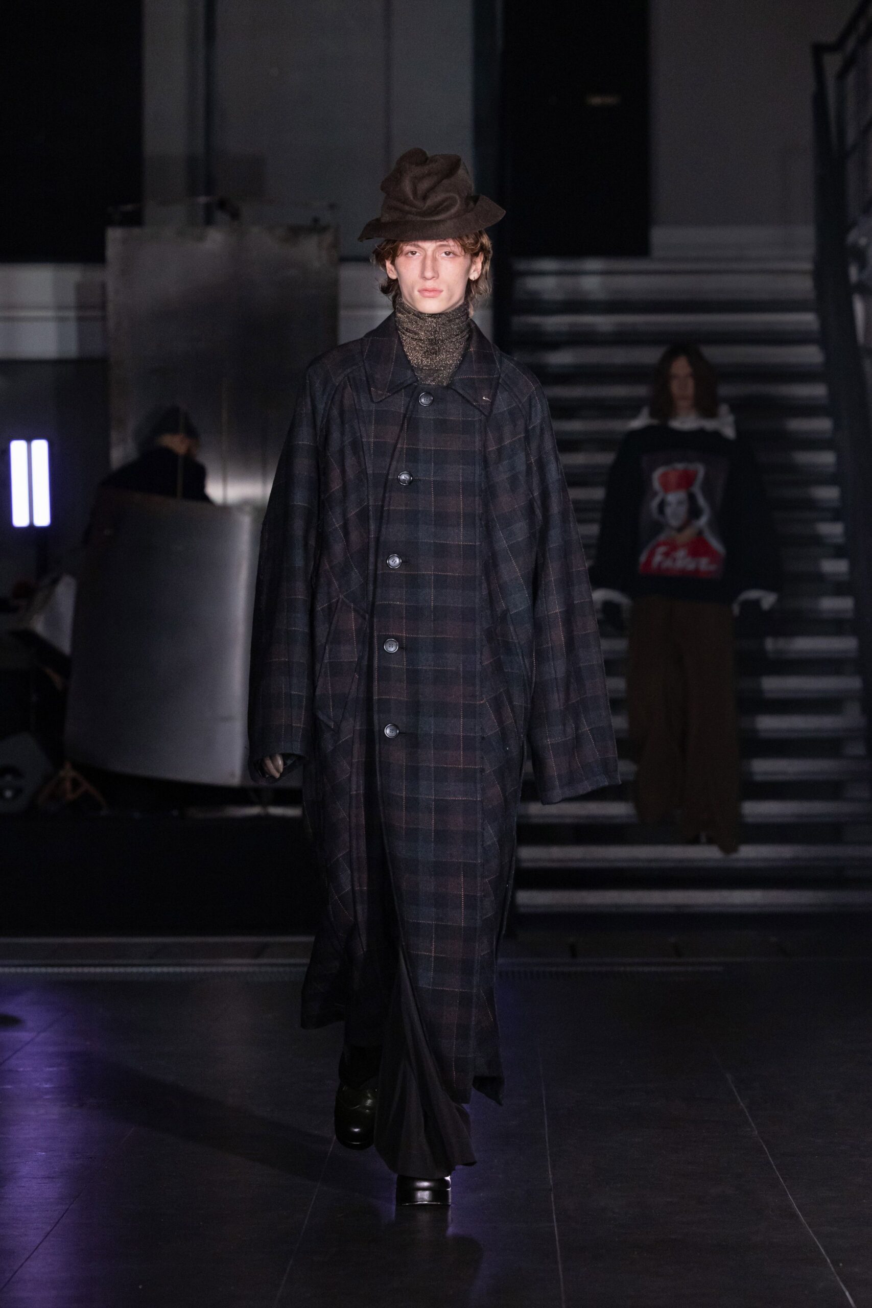 black wool long-sleeve collared oversized checked maxi coat