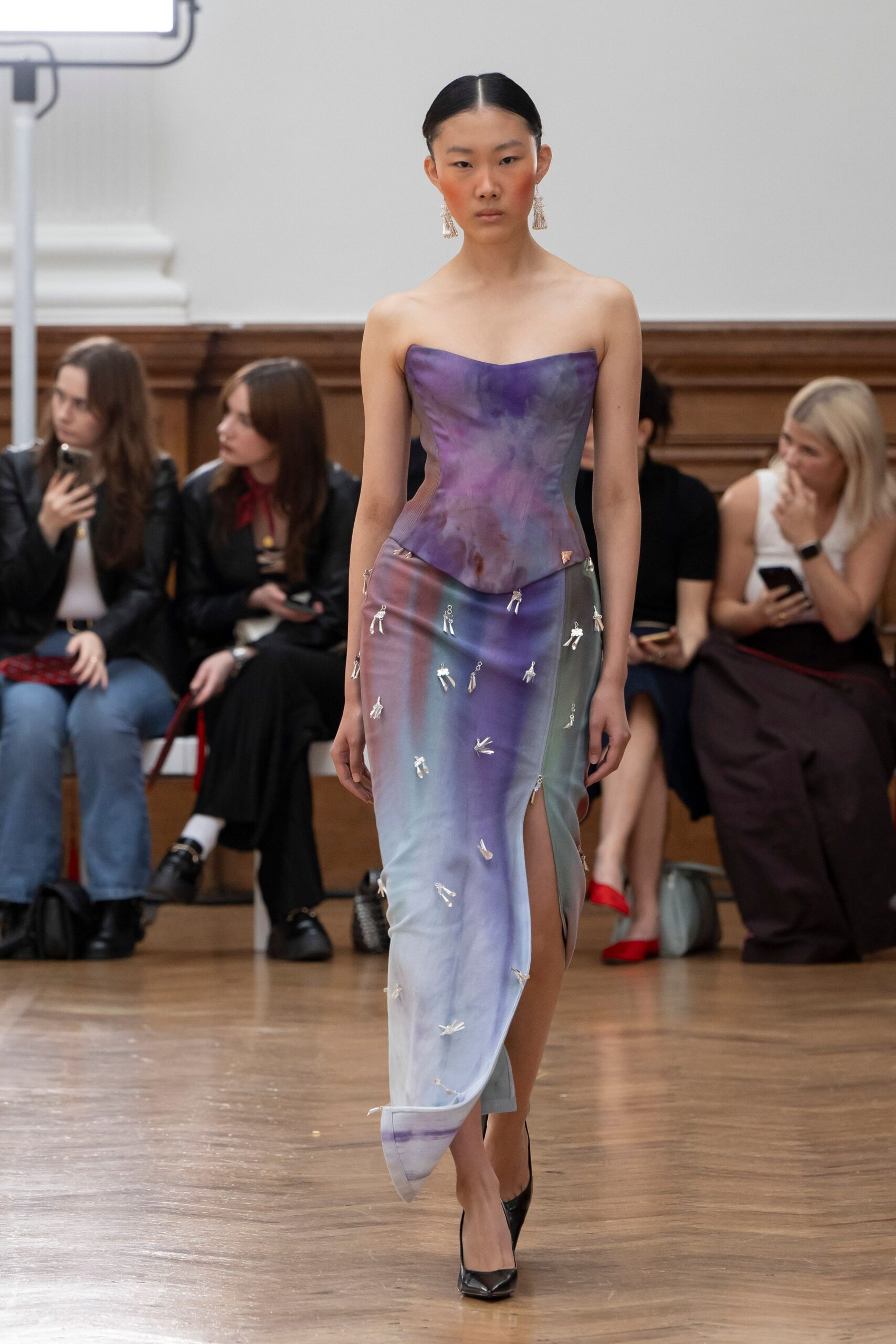 purple silk strapless slit fitted embellished flowing gown