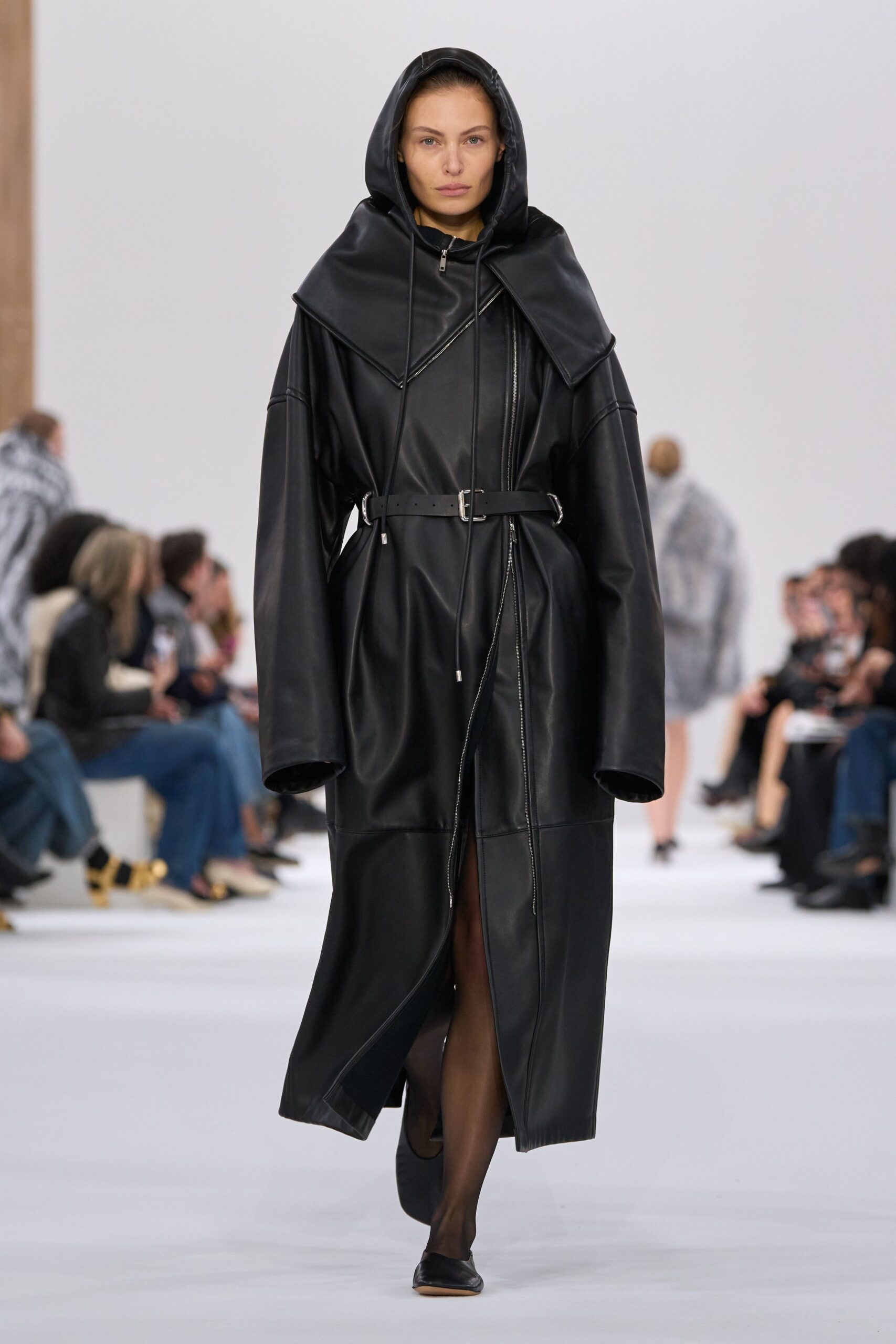black leather long-sleeve hooded relaxed belted maxi coat