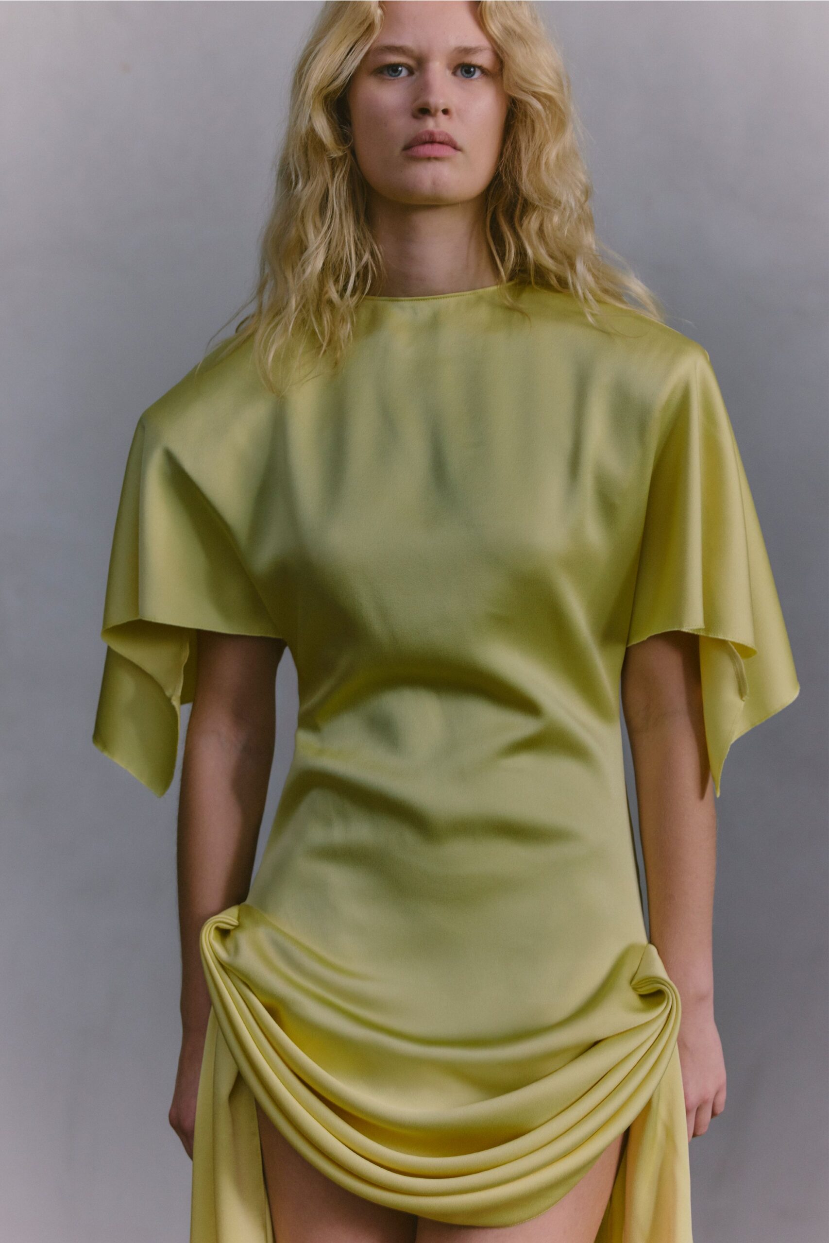 yellow silk fitted dress