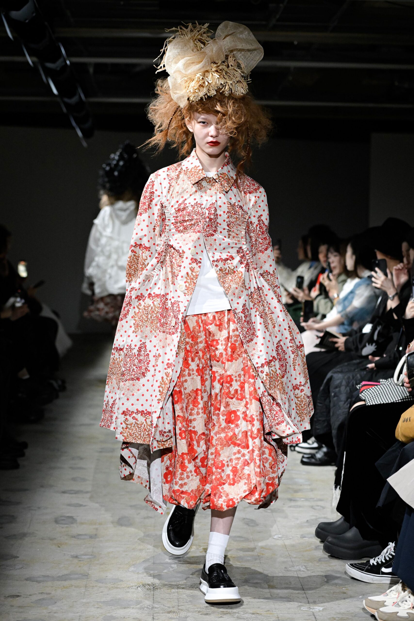 white cotton long-sleeve collared relaxed floral layered coat