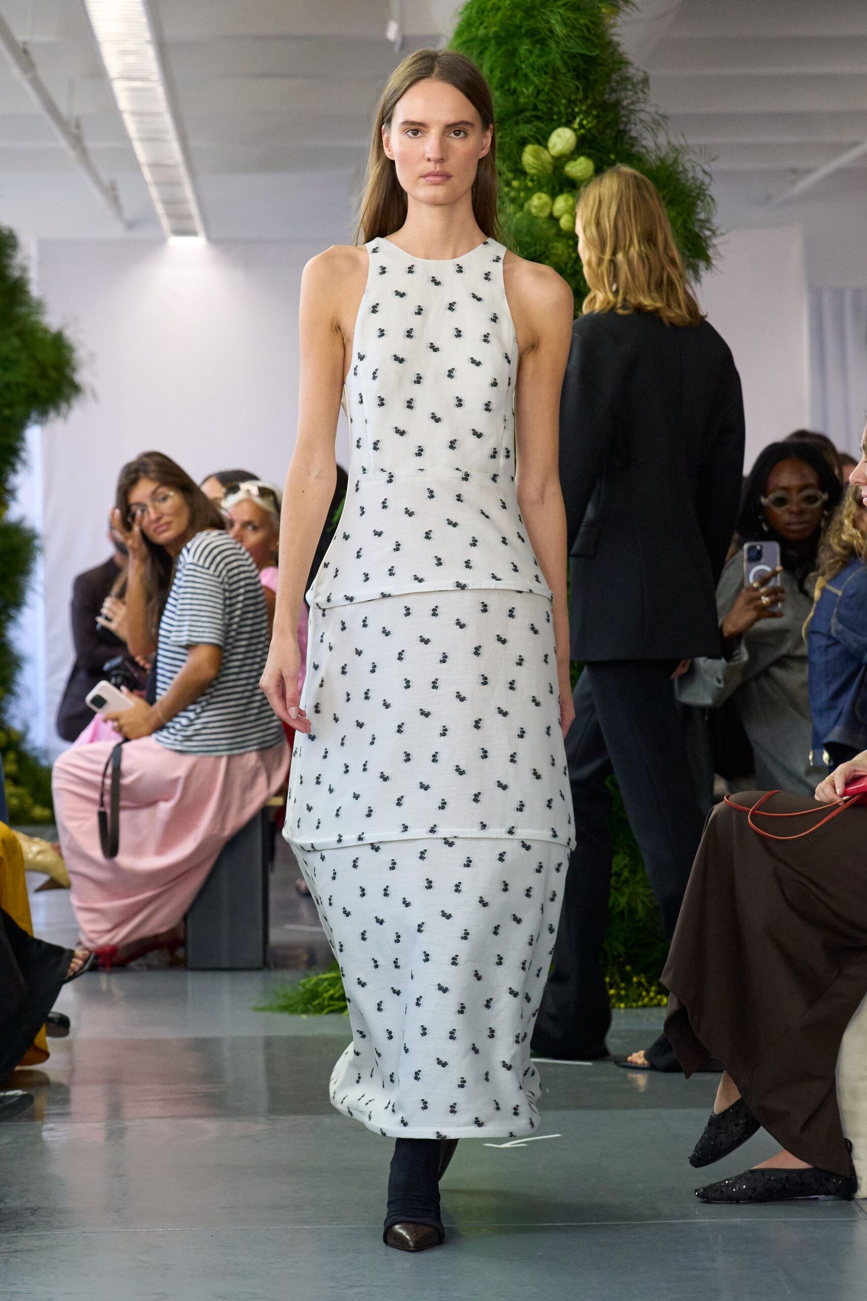 white cotton sleeveless high-neck fitted printed tiered dress