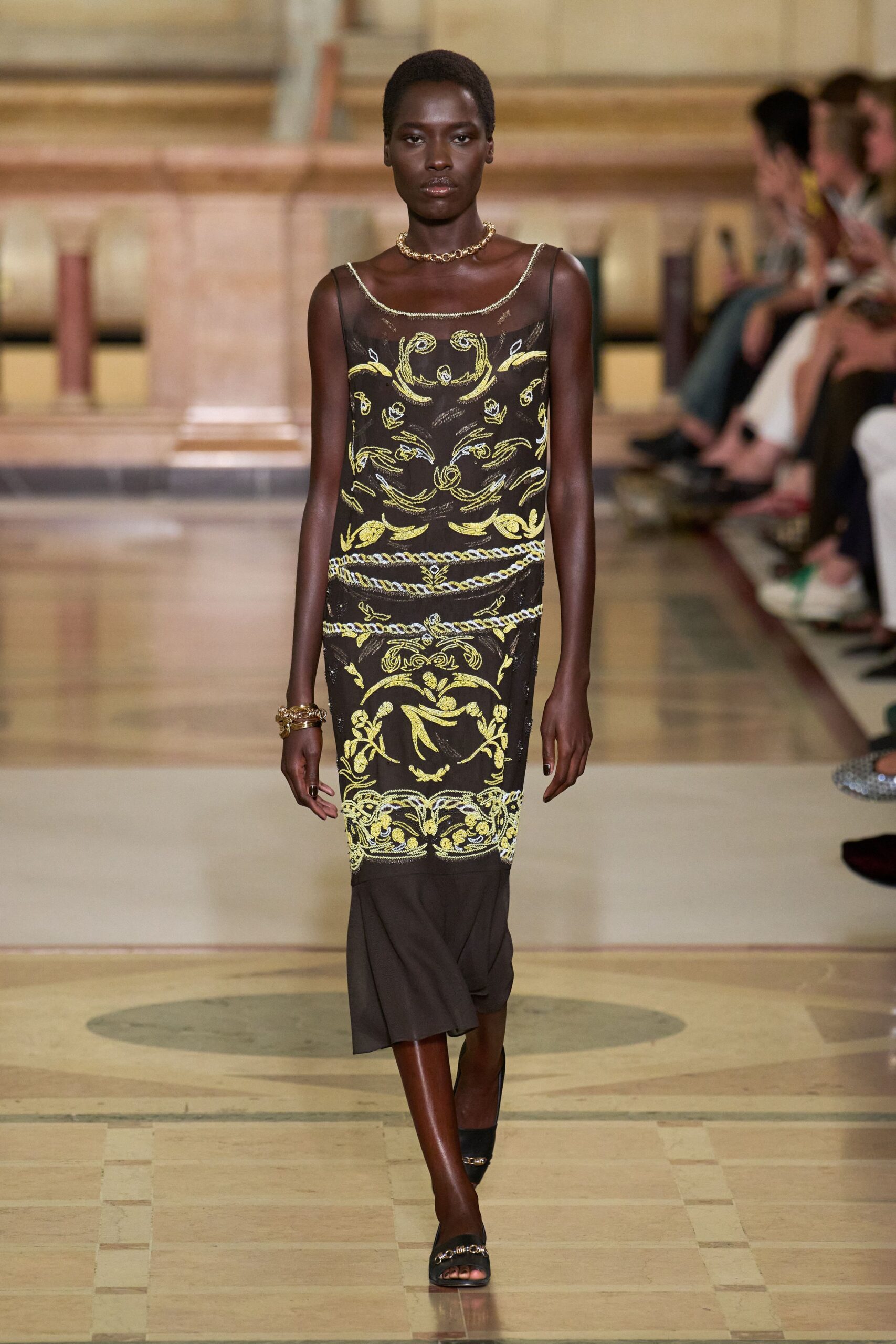 brown silk sleeveless v-neck fitted embroidered tiered dress