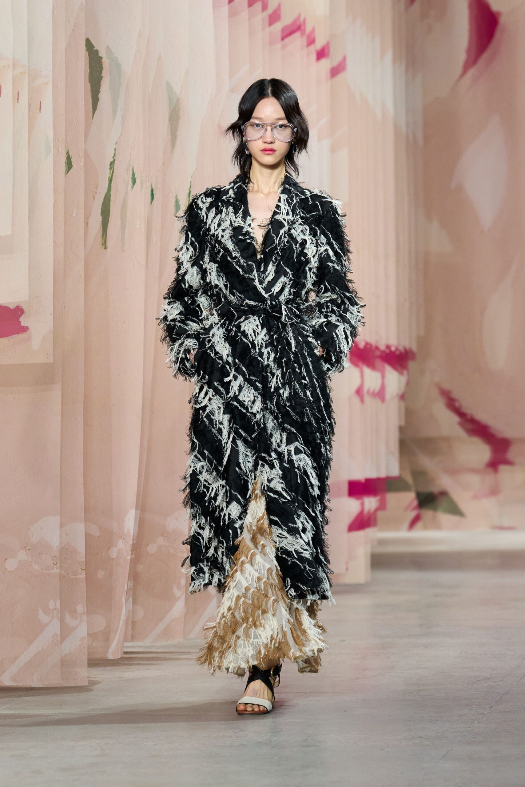 black silk long-sleeve collared relaxed ruffled coat
