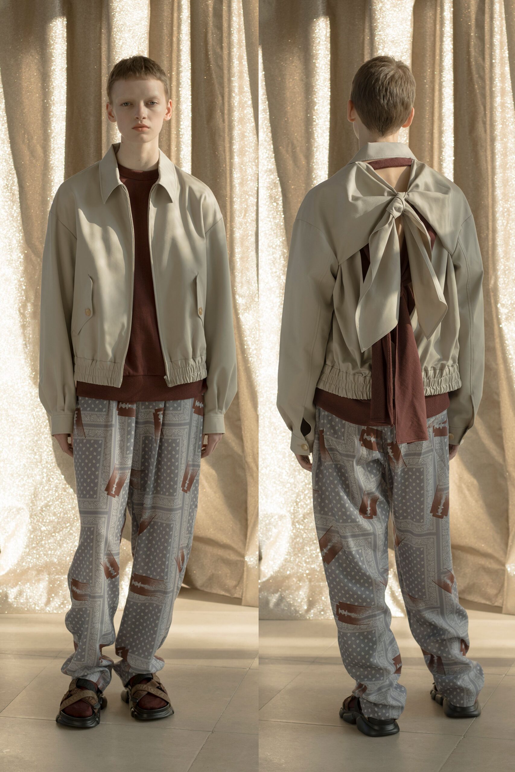 beige jacket red top gray pants