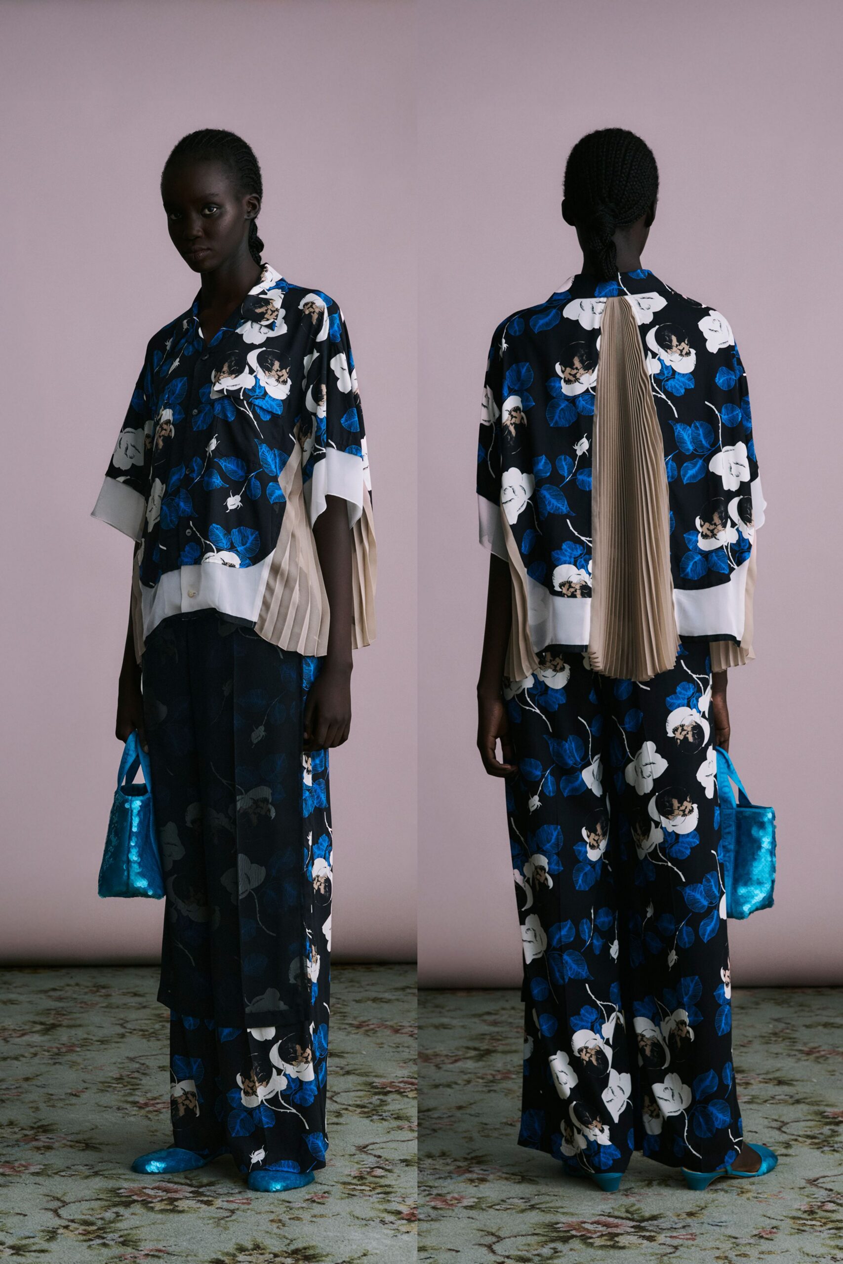 blue printed shirt and pants