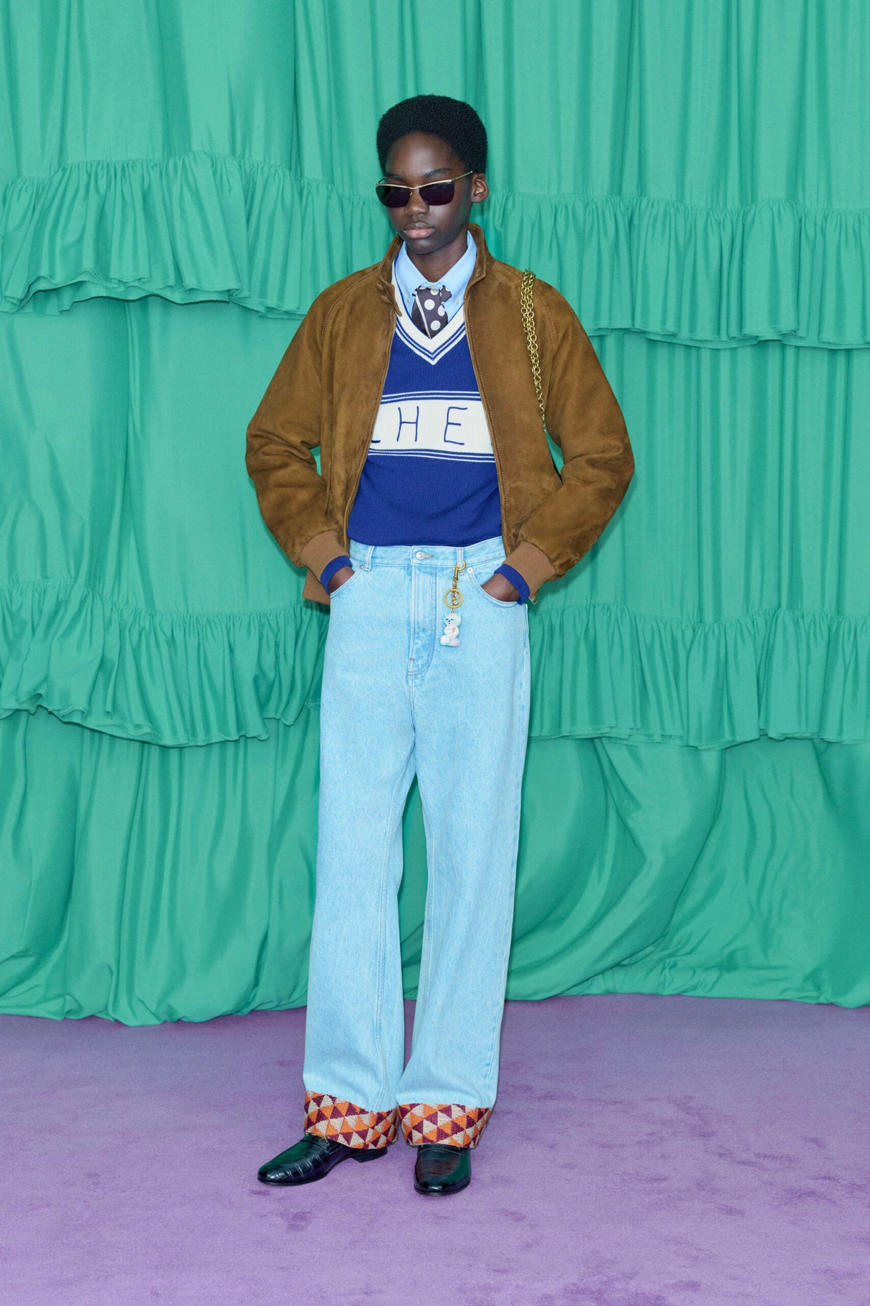 brown suede jacket blue sweater
