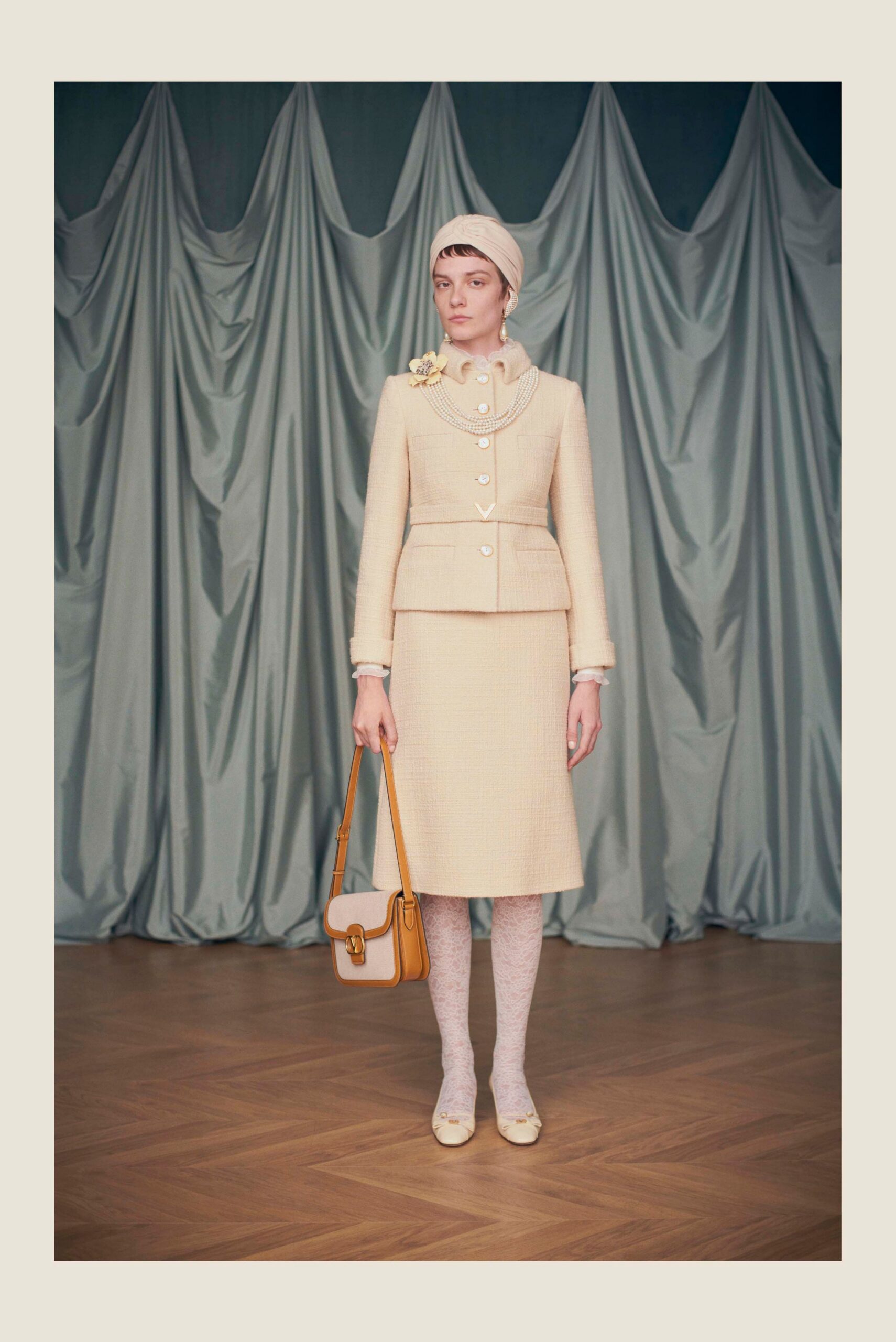 beige tweed long-sleeve collared structured buttoned jacket