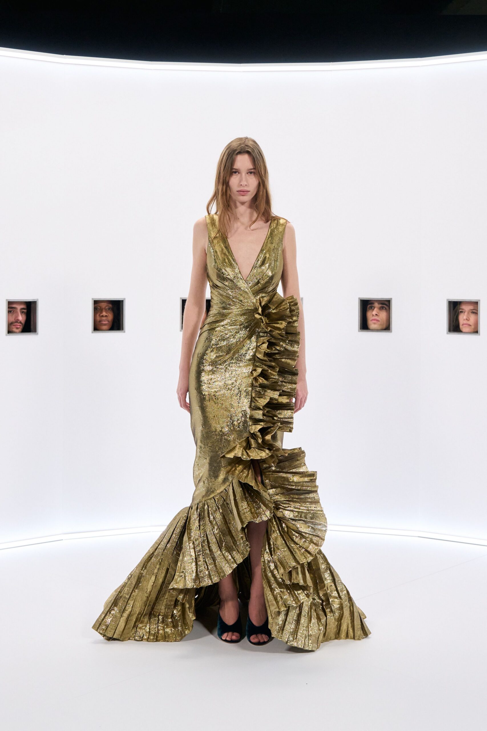 gold pleated gown with heels