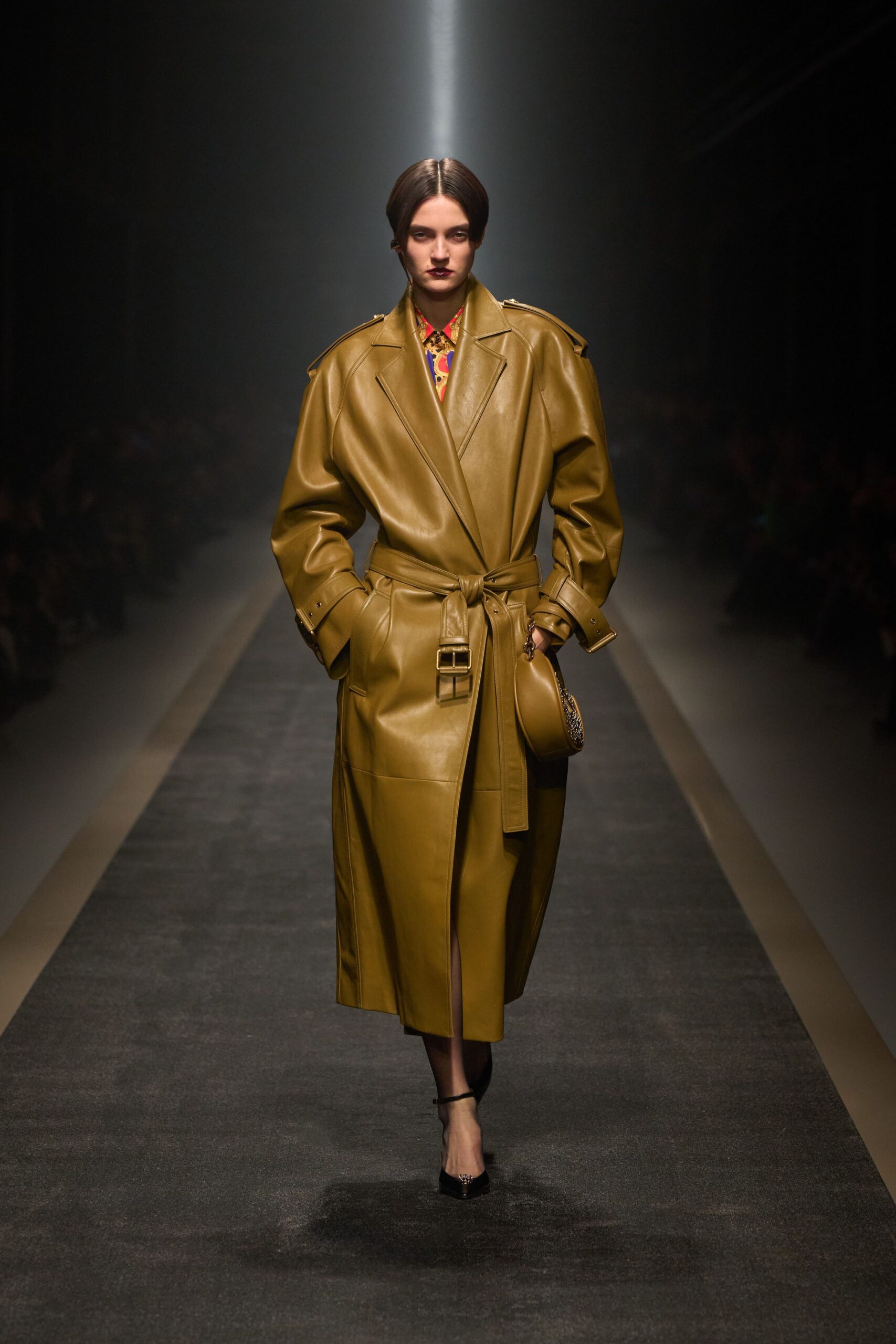 brown leather coat with bag
