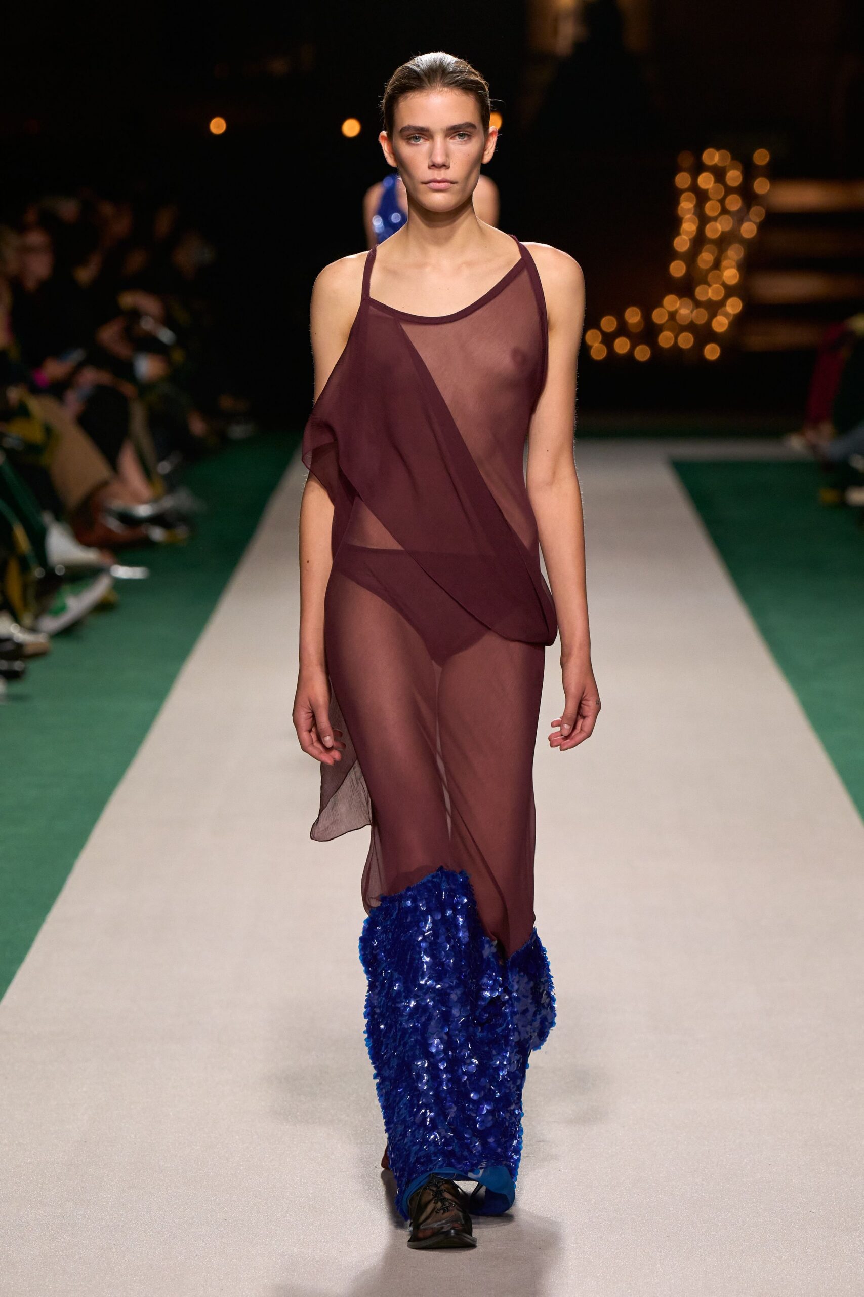 purple sheer draped maxi dress