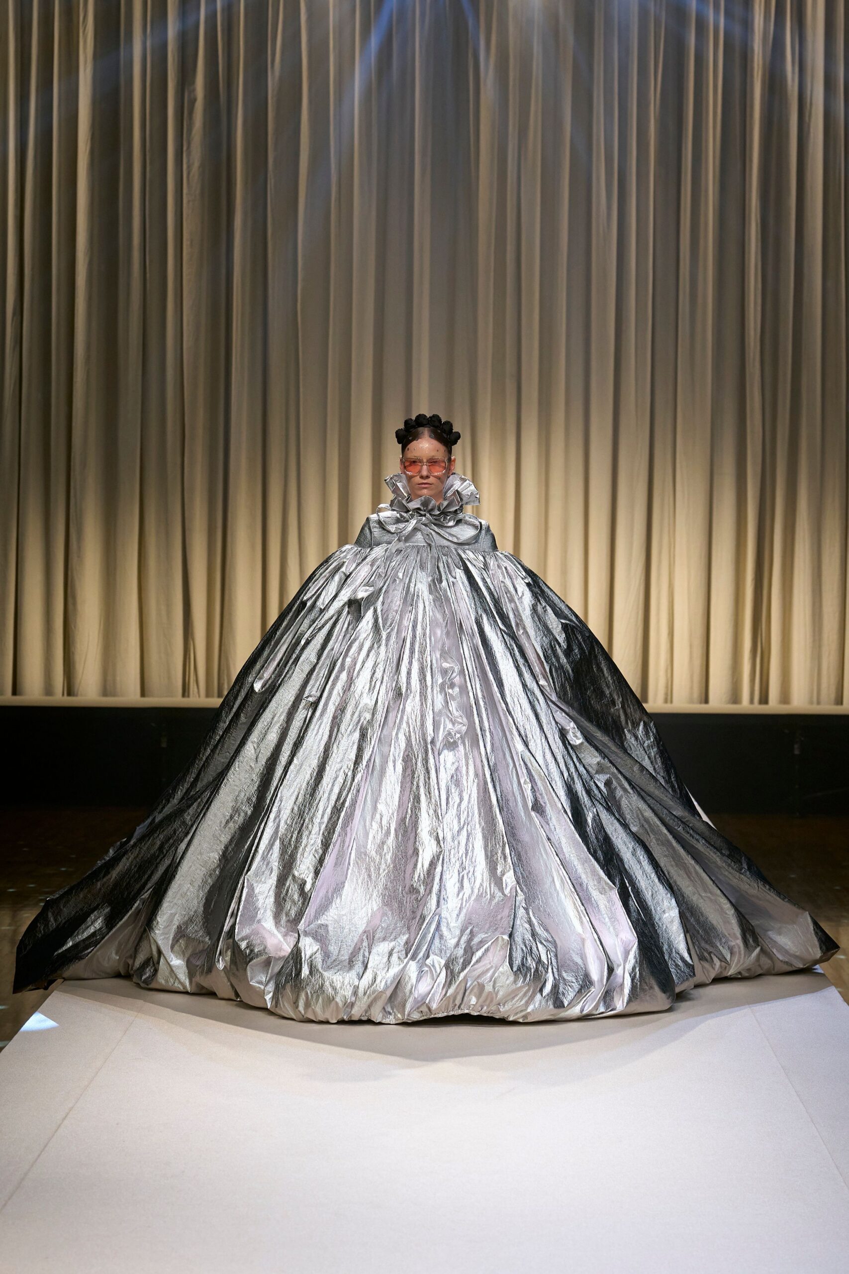 shiny silver draped gown