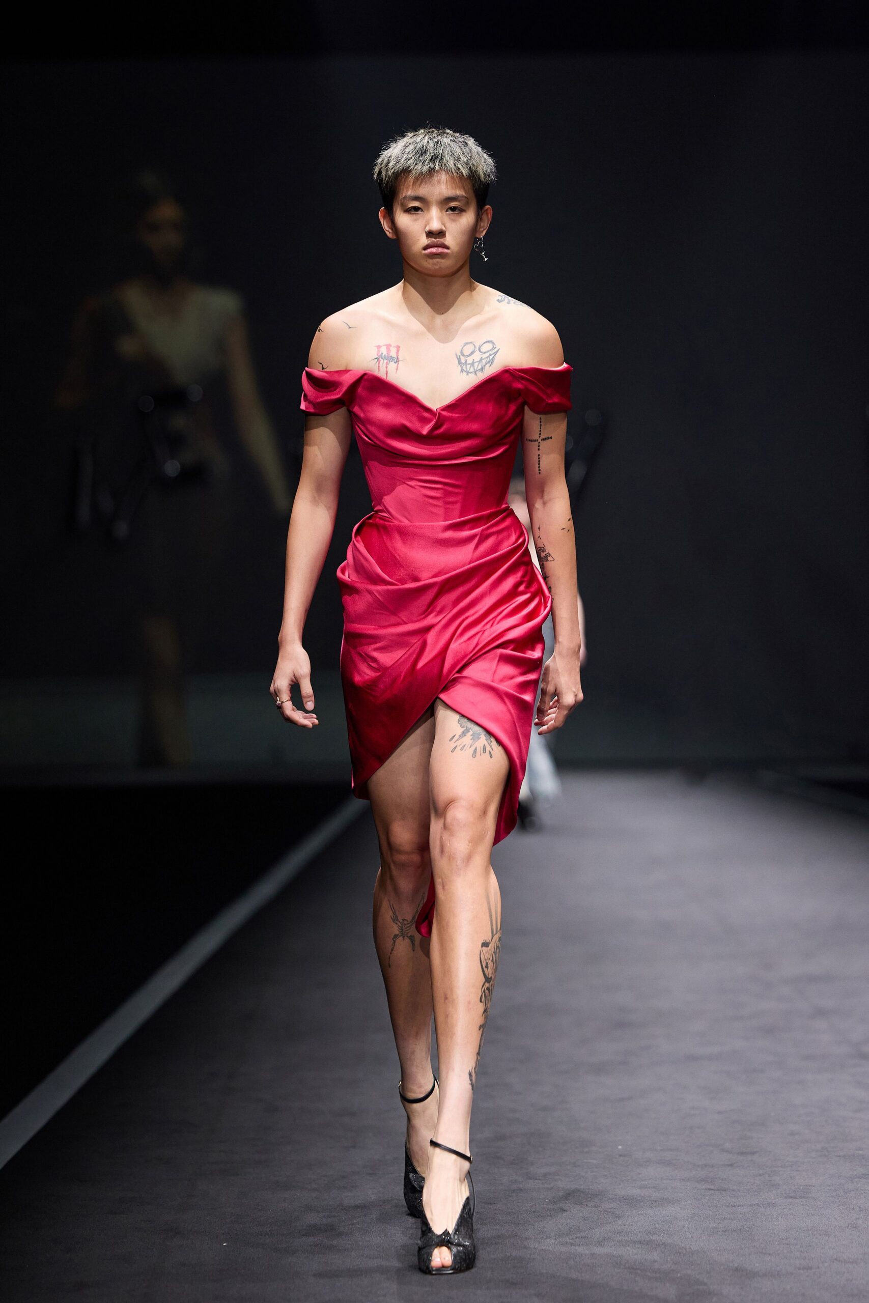 red silk off-shoulder slit fitted ruched mini dress