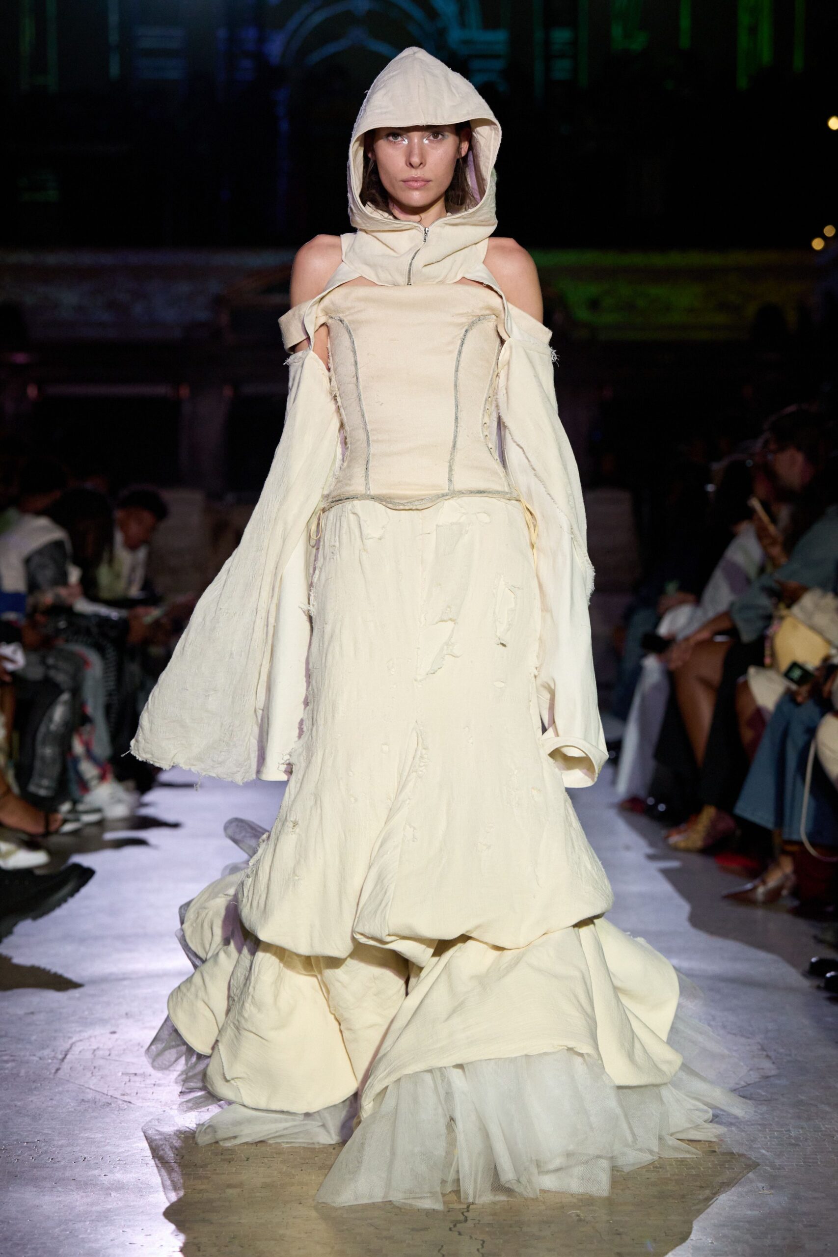 white cotton long-sleeve off-shoulder fitted layered ruffled gown