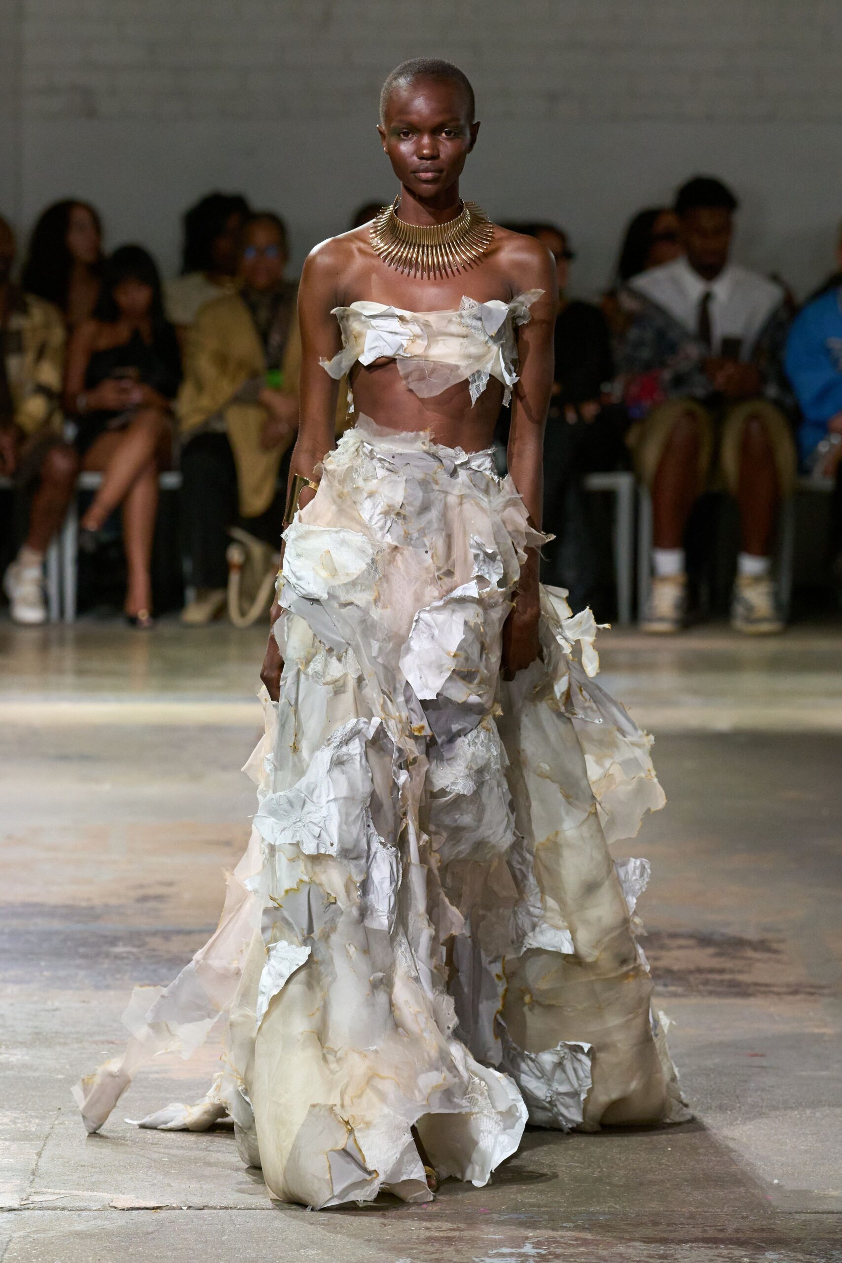 beige layered ruffled gown