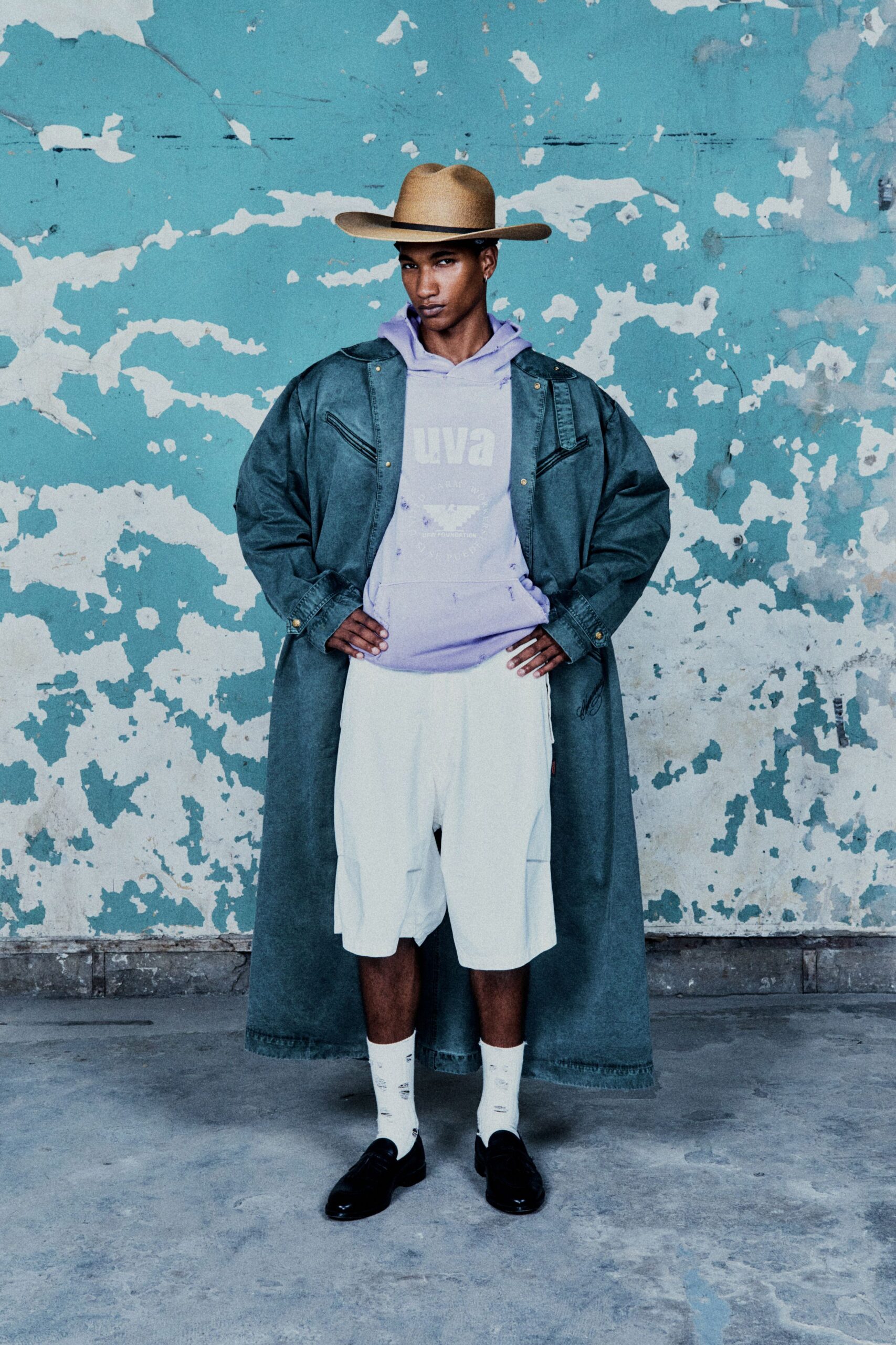 blue denim long-sleeve collared relaxed buttoned maxi coat