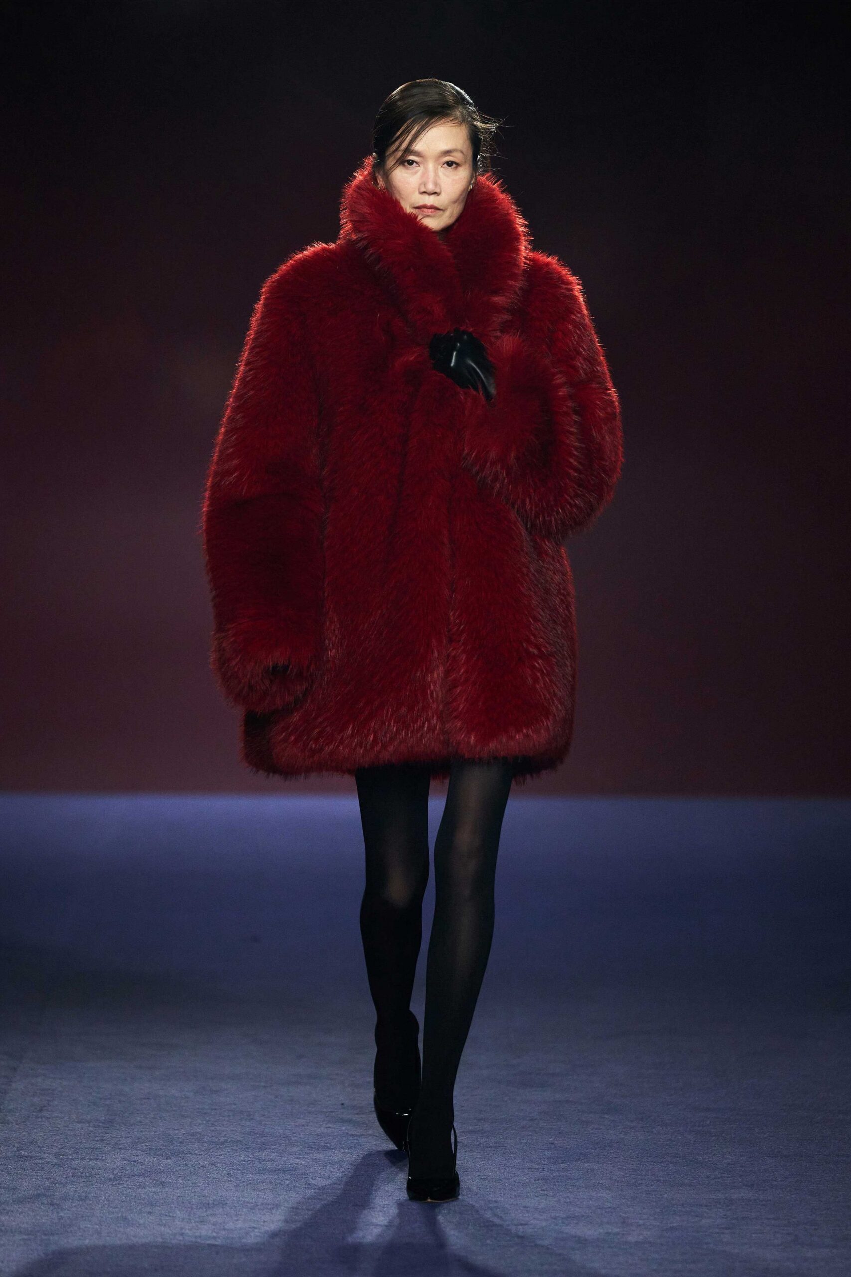 red faux-fur long-sleeve collared oversized coat