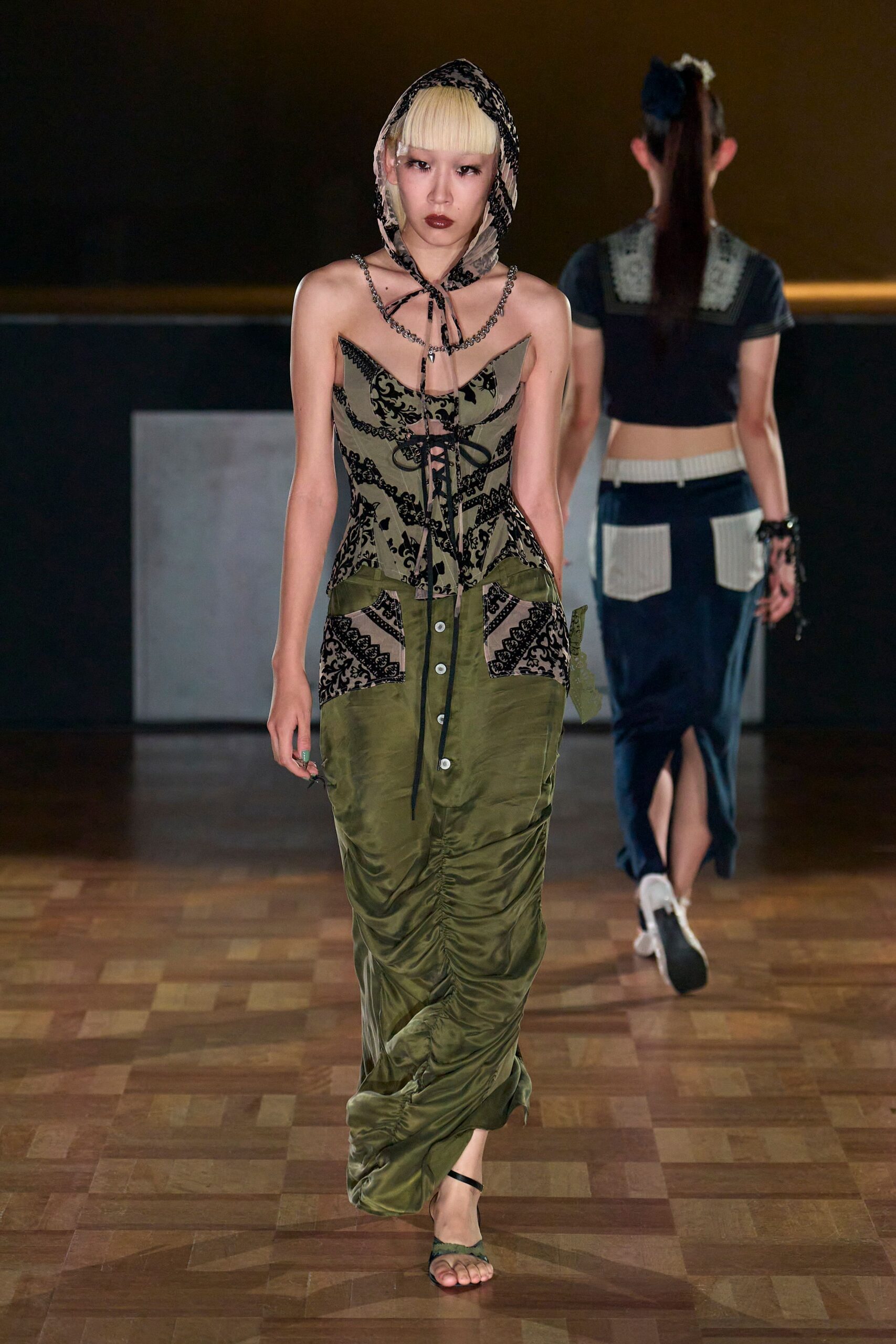 green silk sleeveless v-neck fitted embroidered buttoned dress