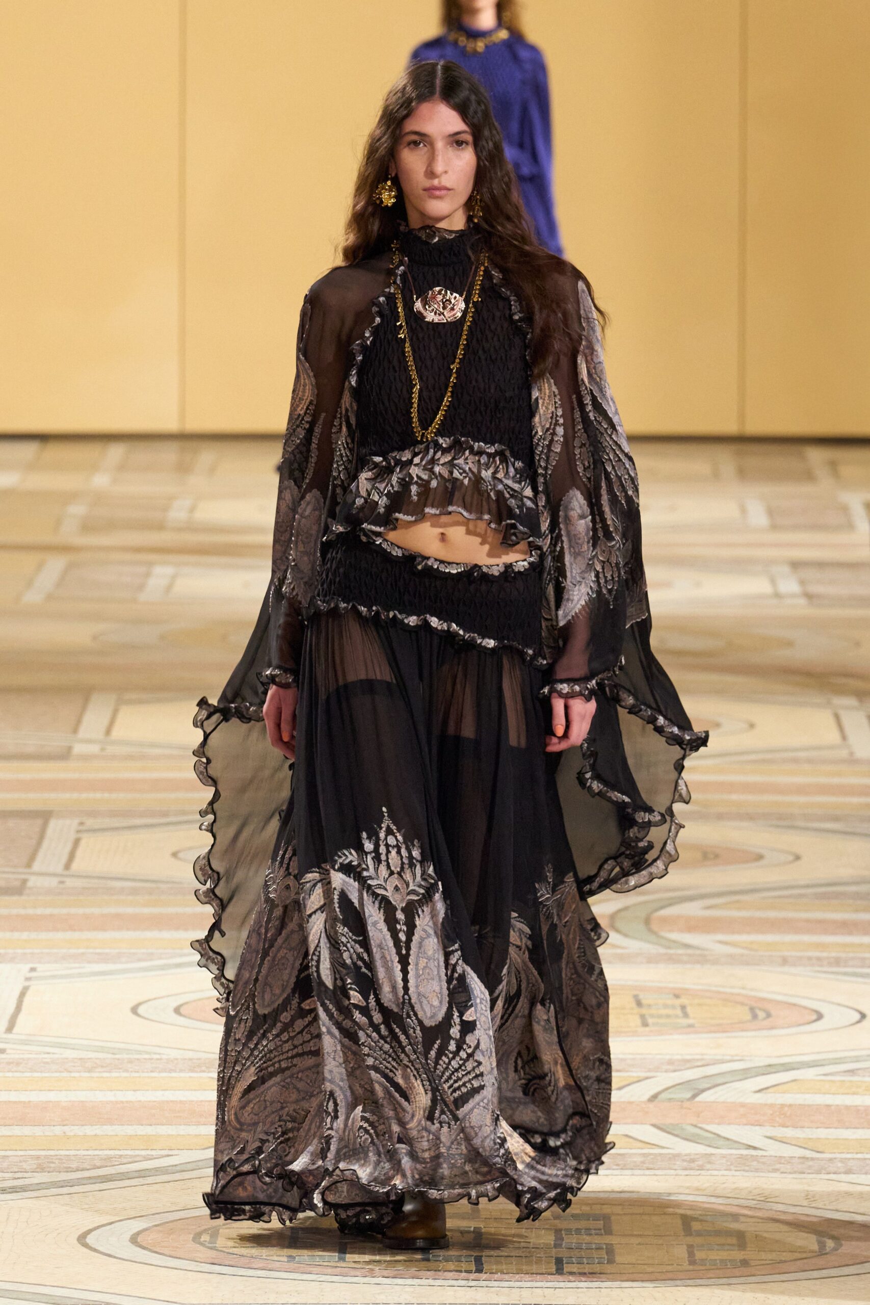 black silk relaxed tiered flared maxi skirt