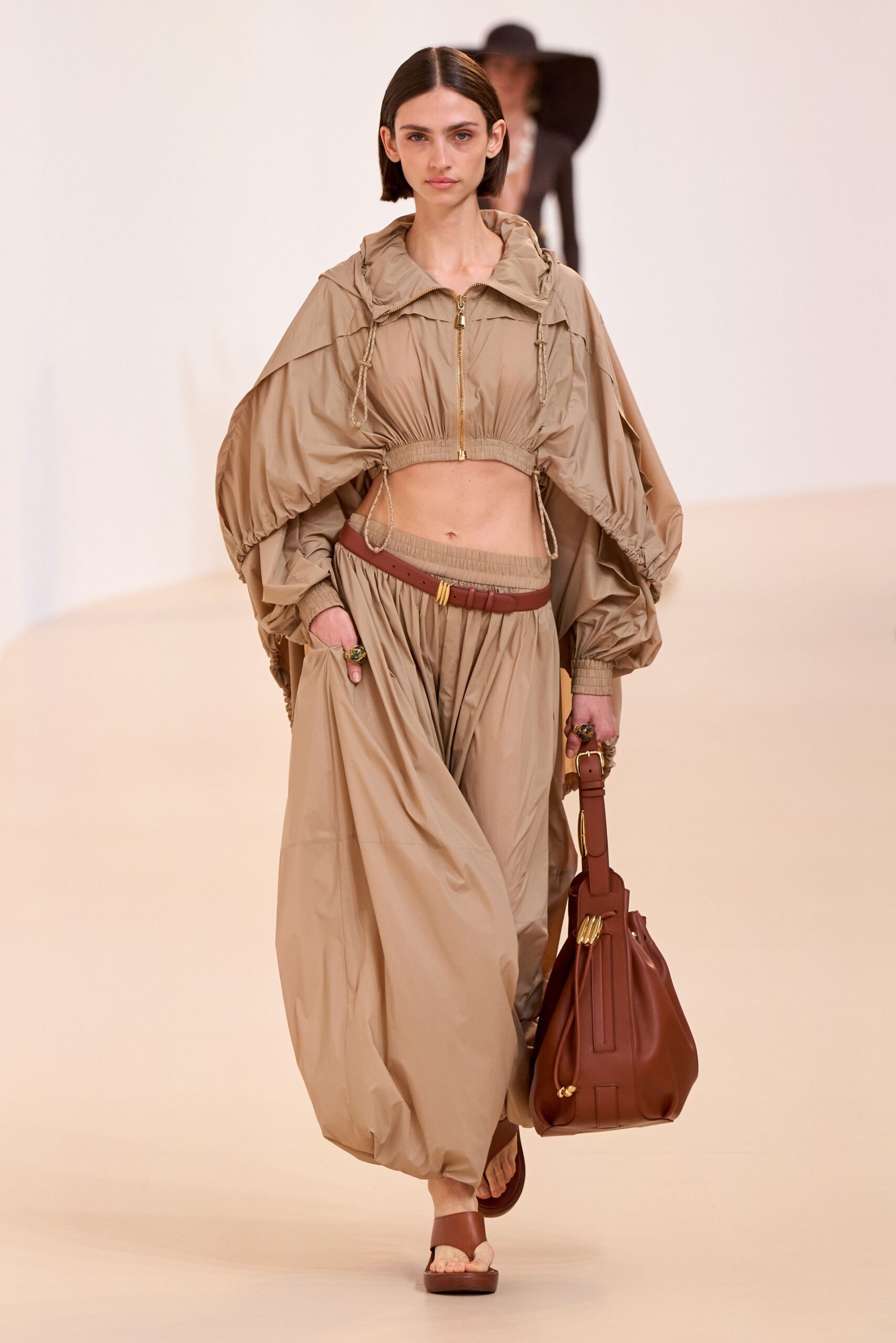beige cotton long-sleeve relaxed zippered draped cropped top