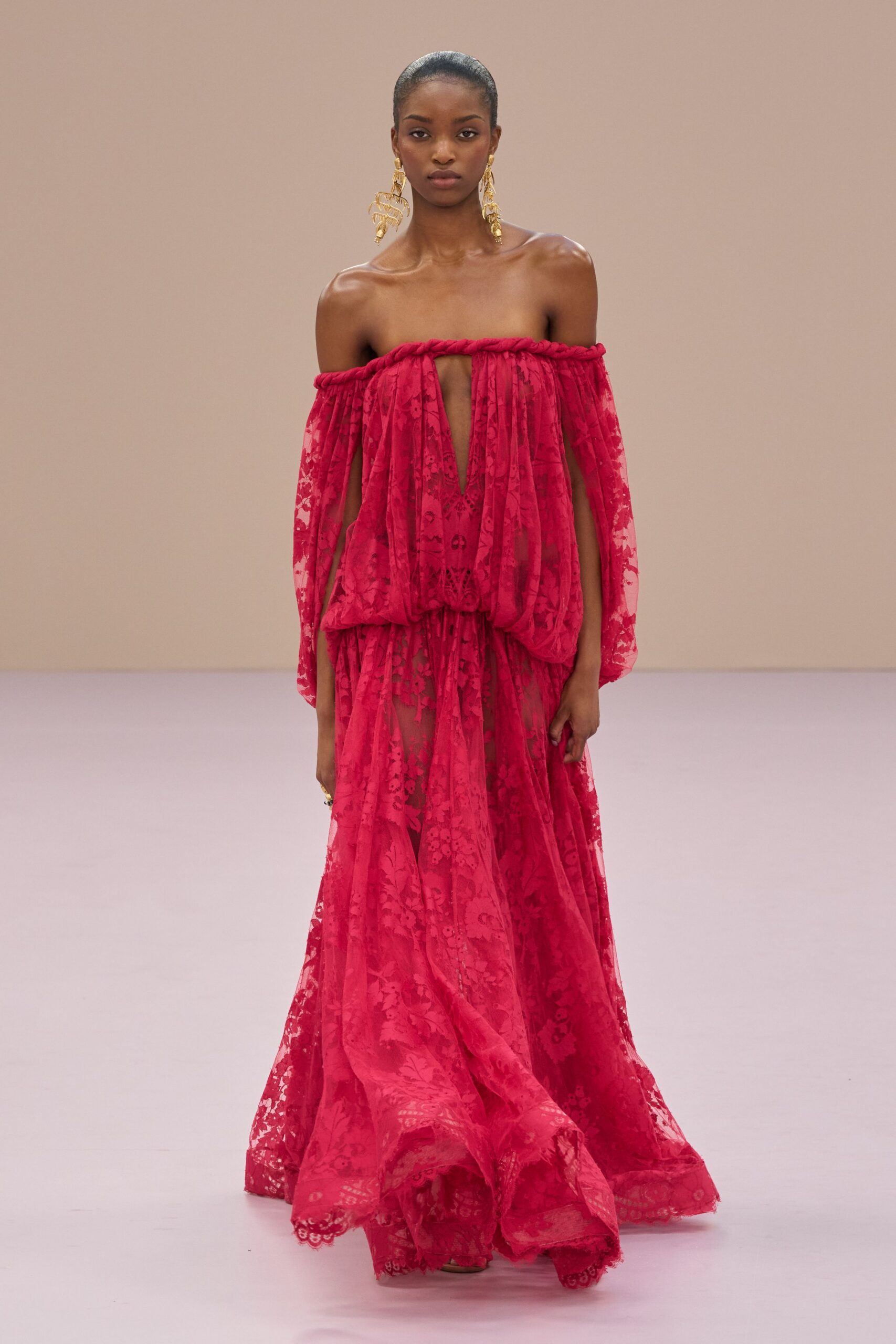 red lace off-shoulder gown