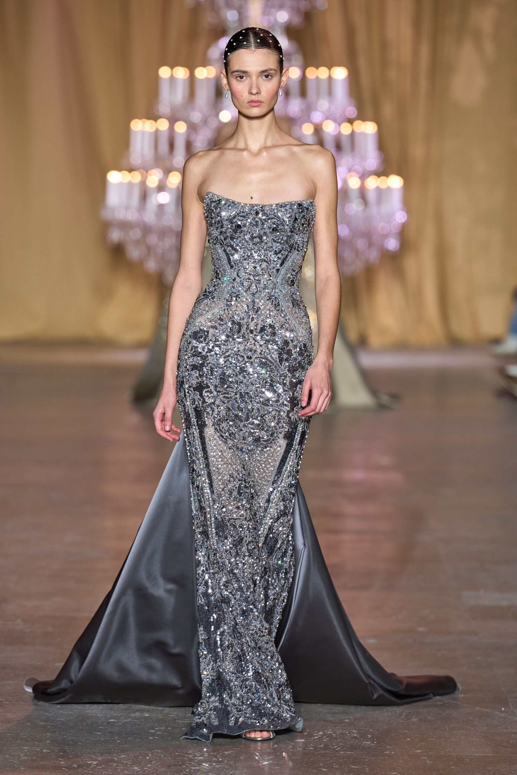 gray sequined strapless gown