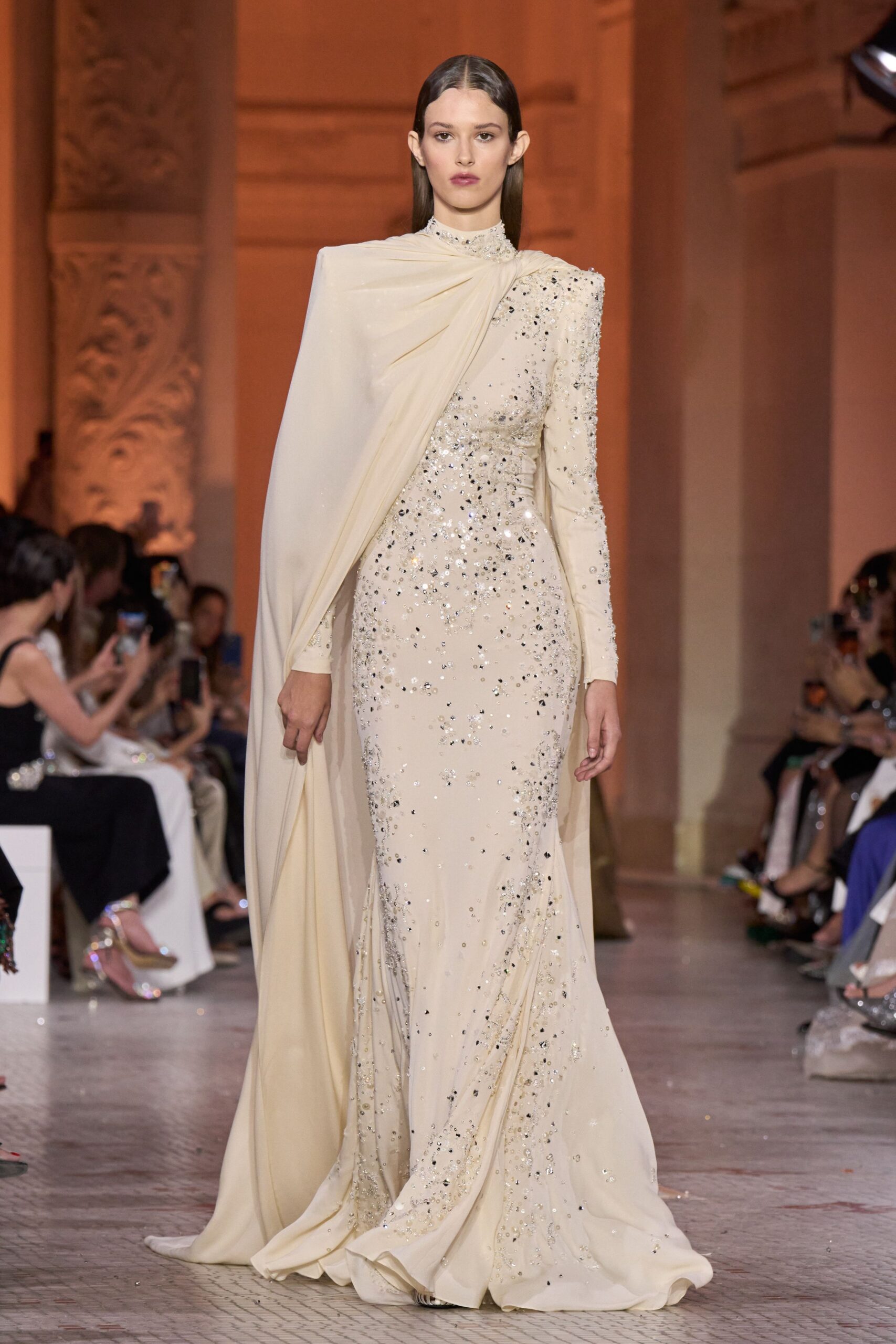 beige embellished long-sleeve gown