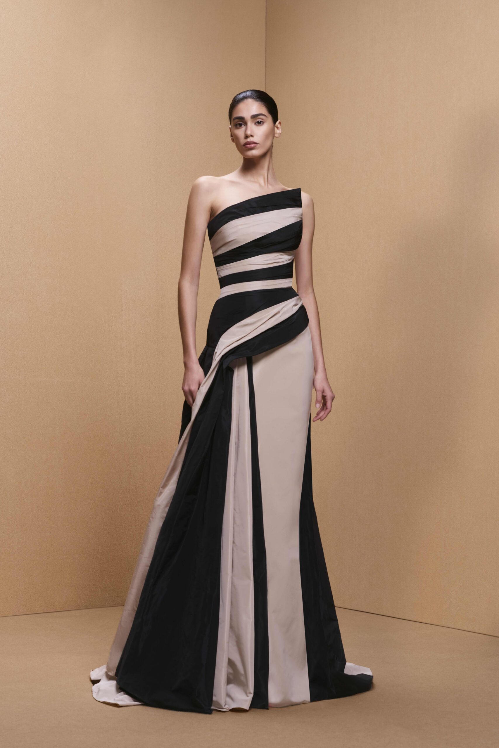 black and beige strapless gown