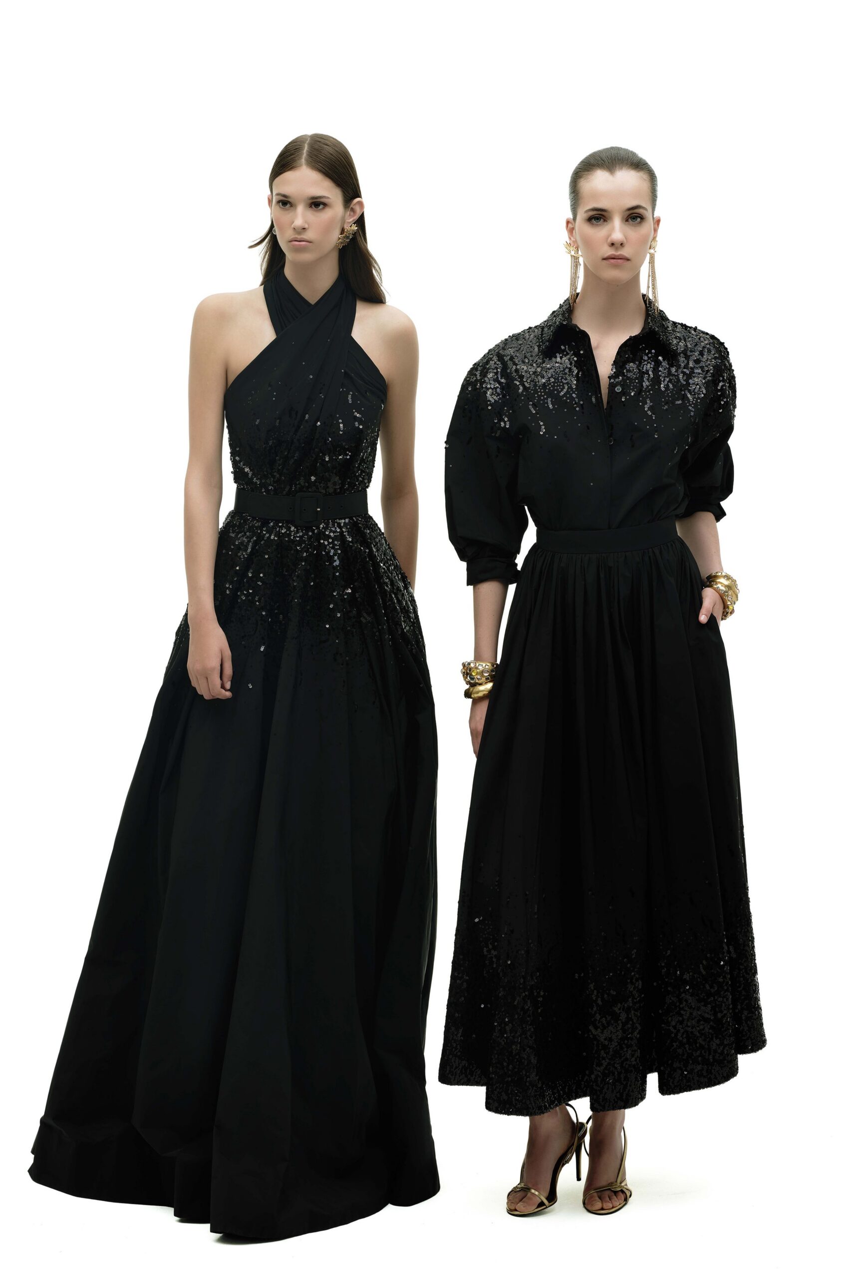 black cotton long-sleeve collared relaxed buttoned sequined dress