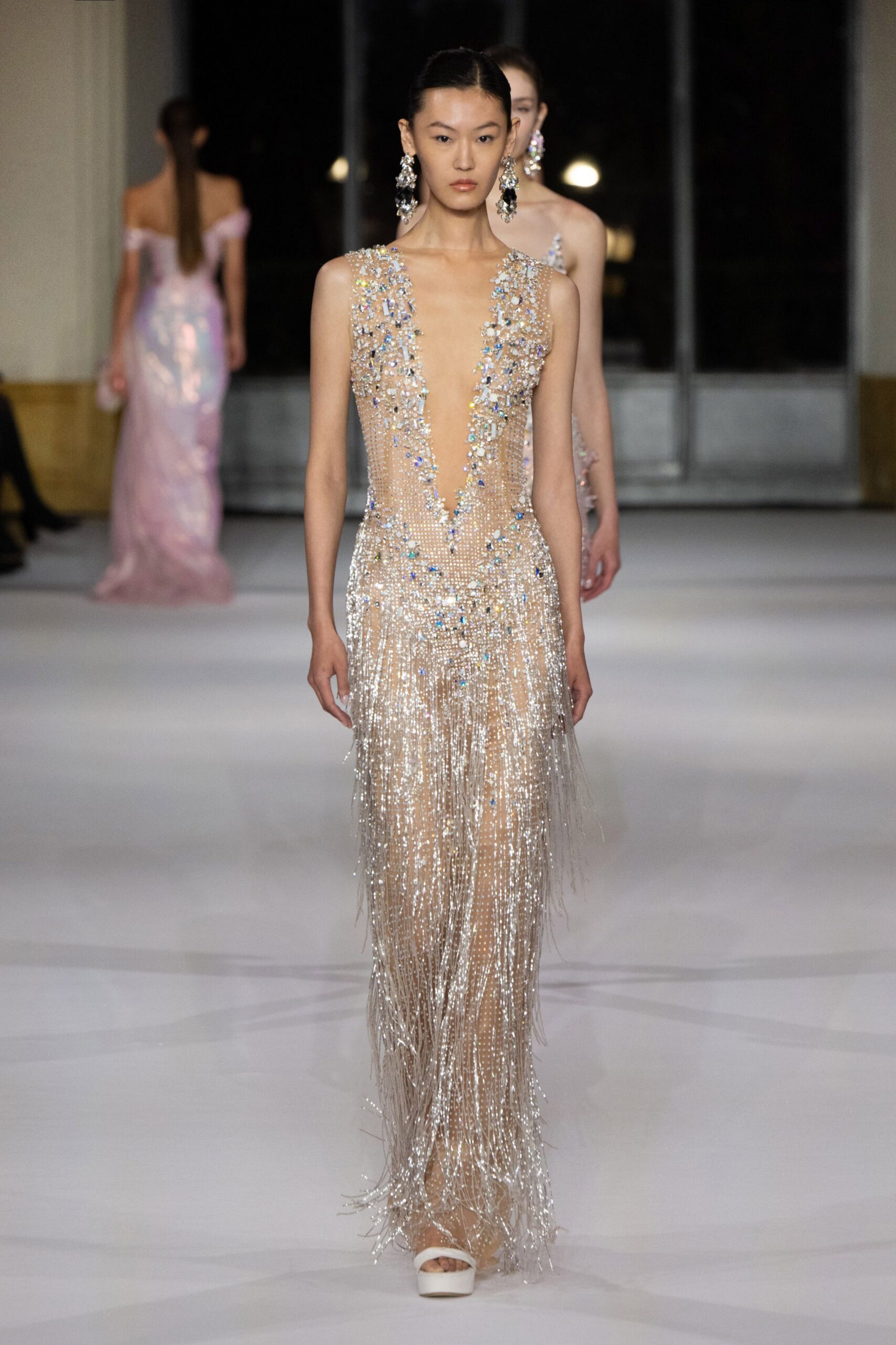 clear sequined sleeveless gown