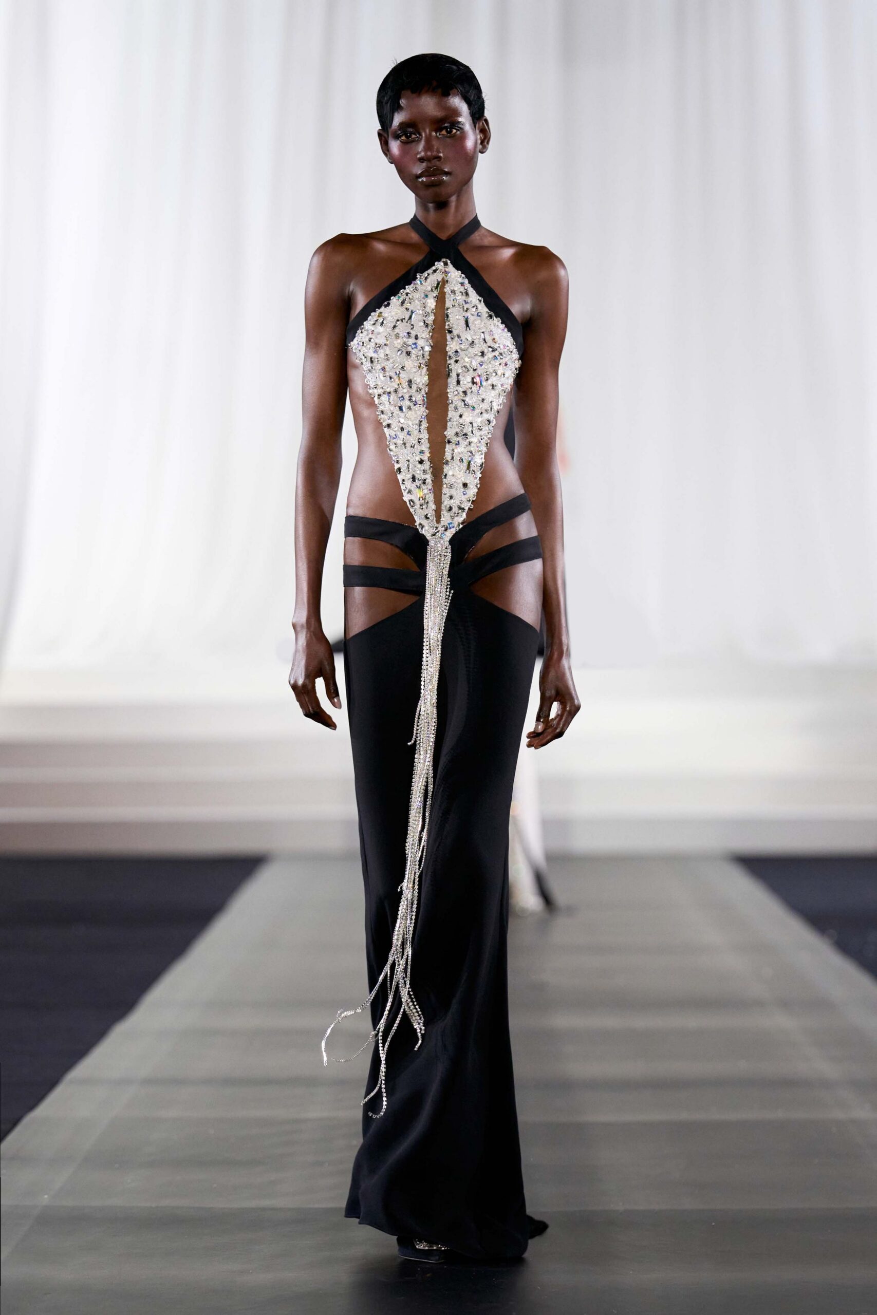 black and white embellished gown