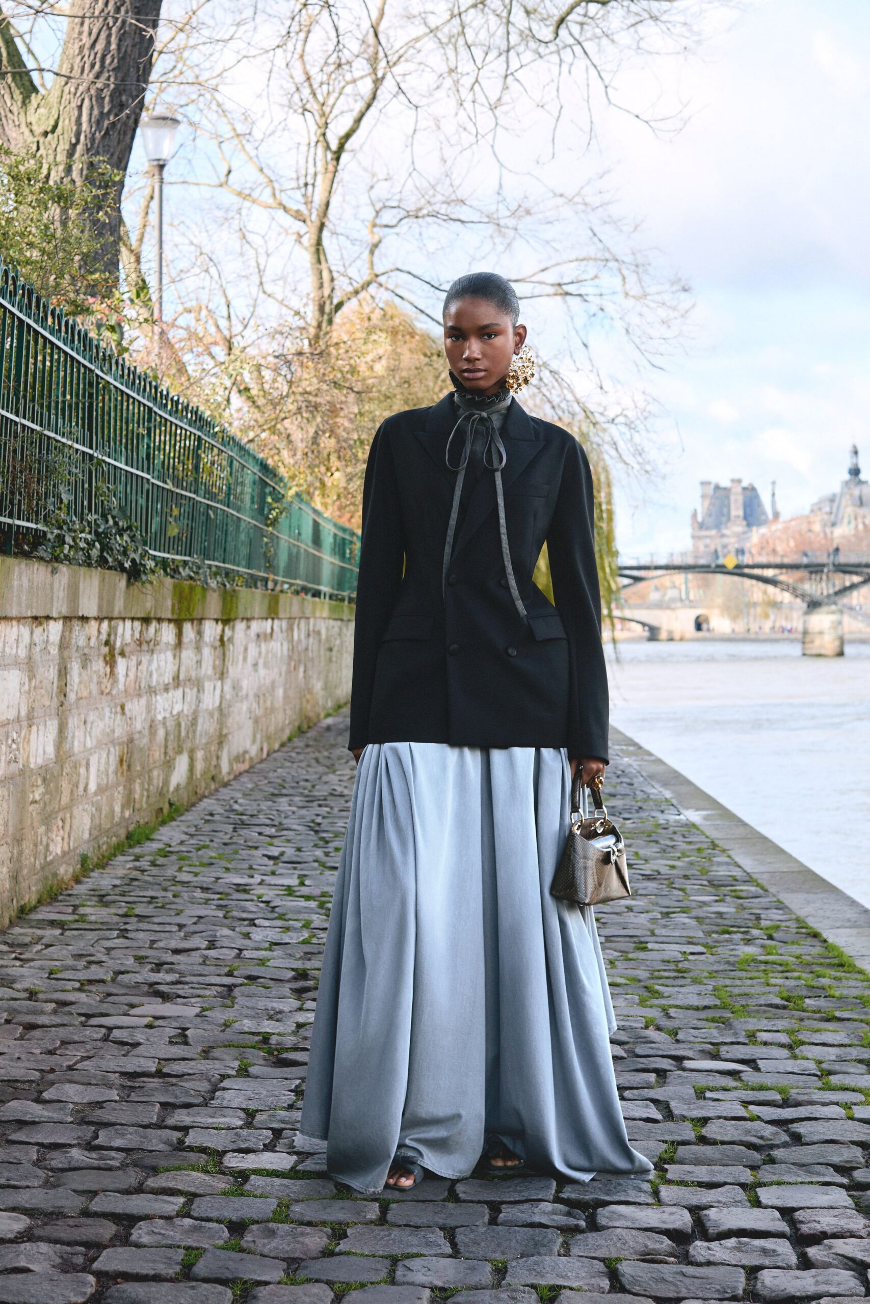 black blazer blue tiered skirt