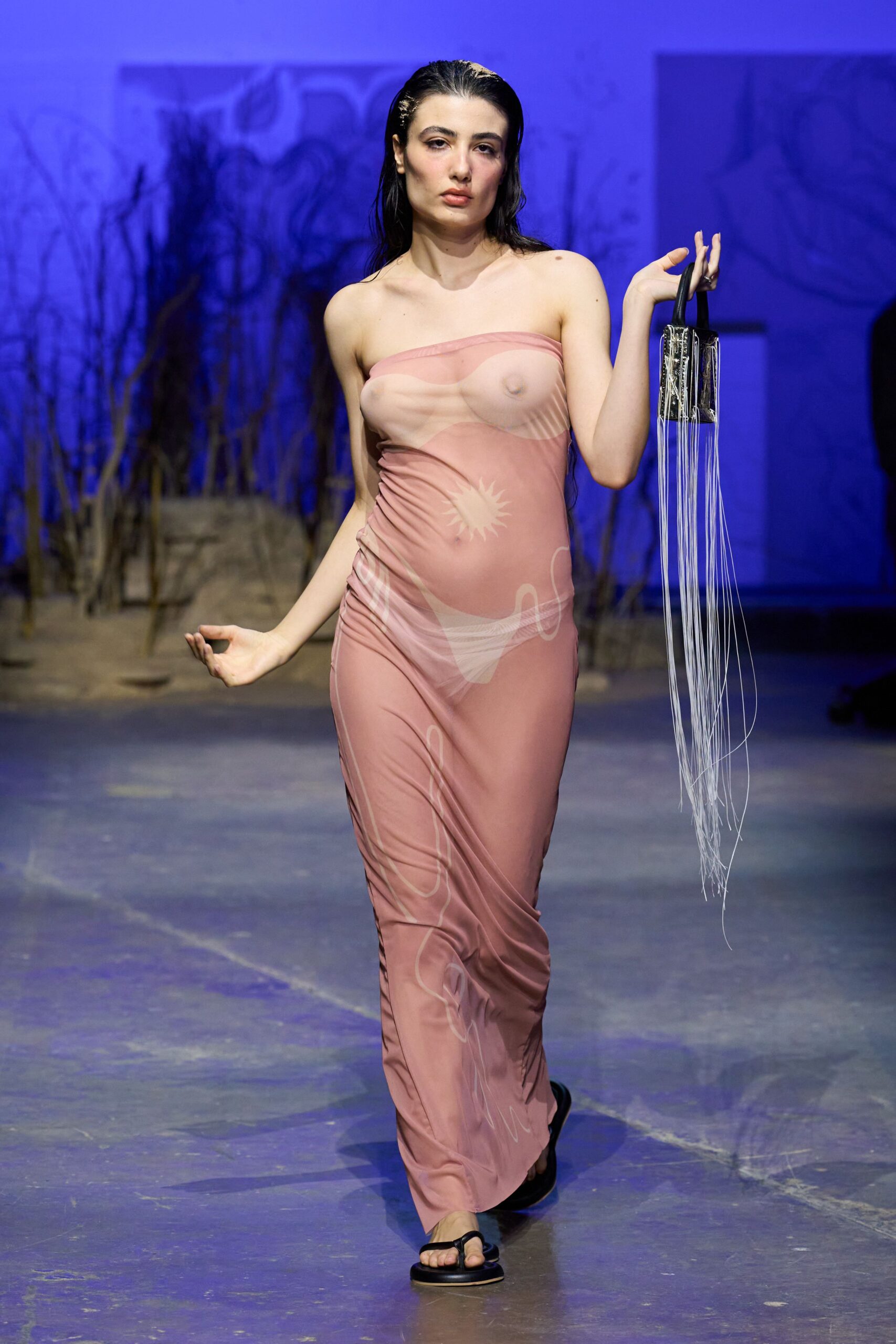 pink silk strapless fitted printed sheer maxi gown