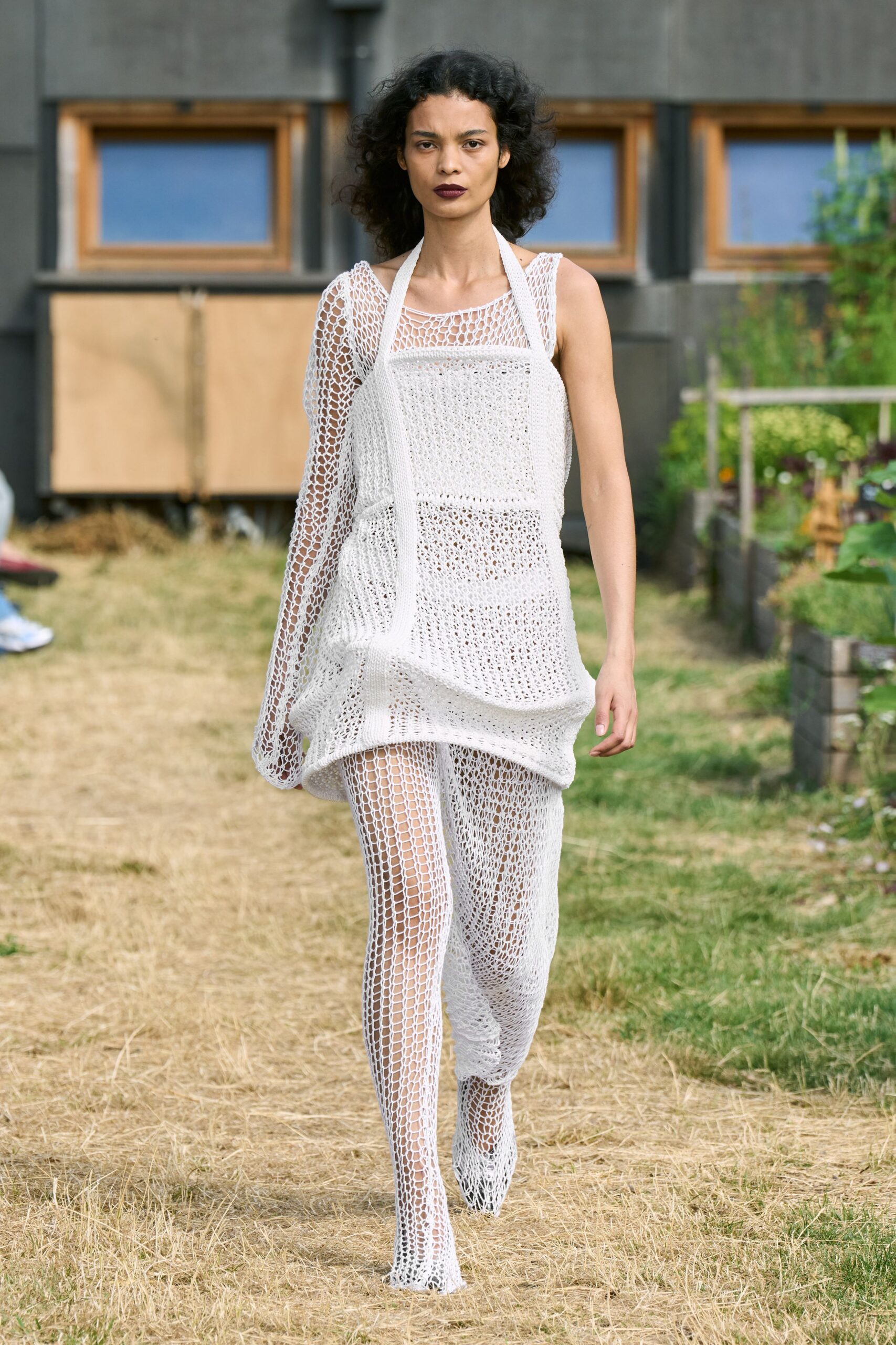 white mesh sleeveless high-neck fitted layered sheer dress