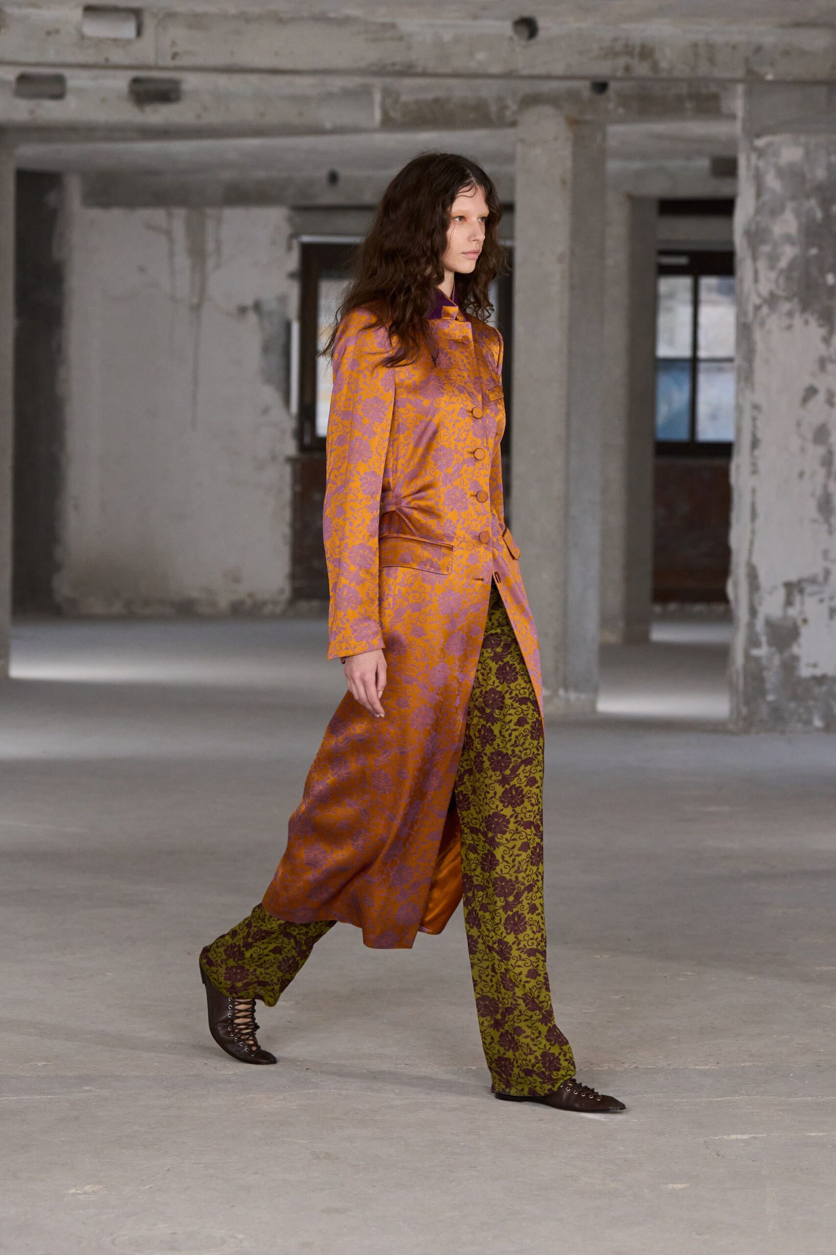 orange silk long-sleeve collared relaxed printed maxi coat