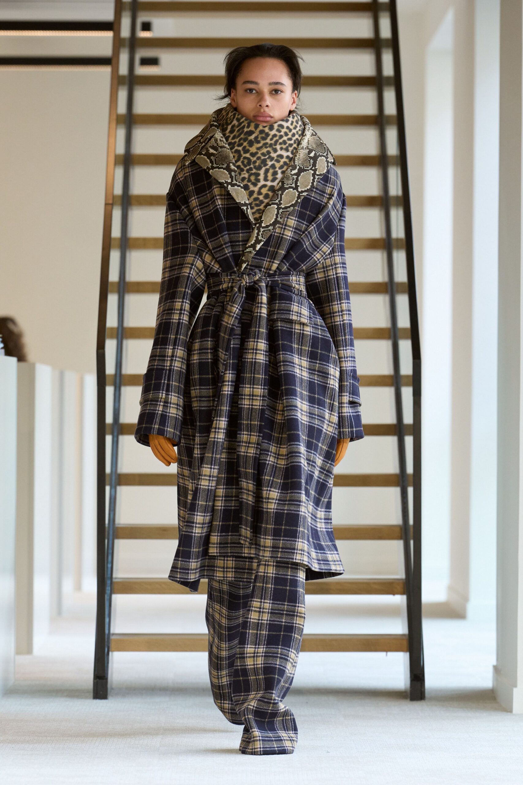 plaid coat and pants with scarf