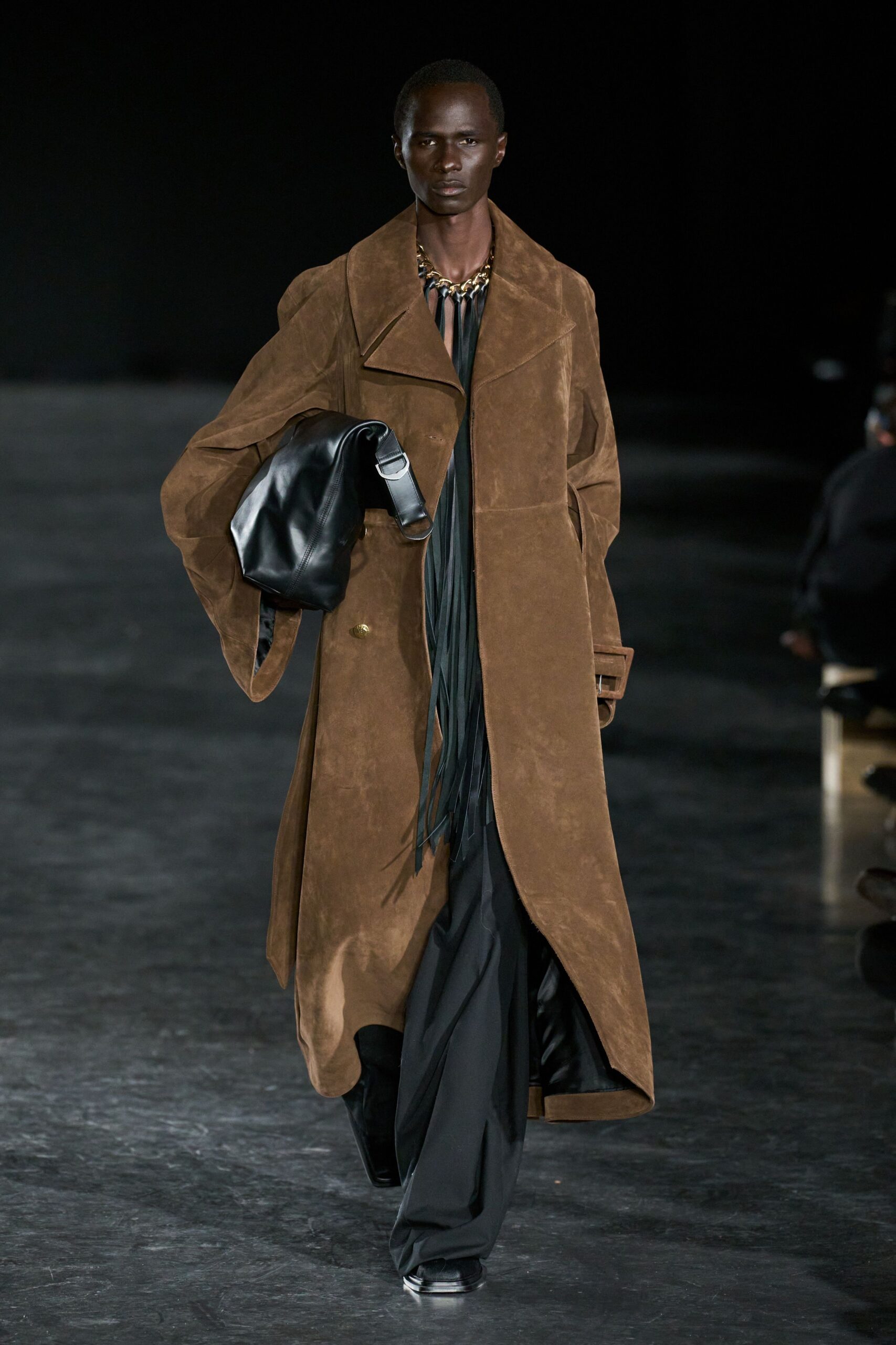 brown suede long-sleeve collared relaxed fringed maxi coat
