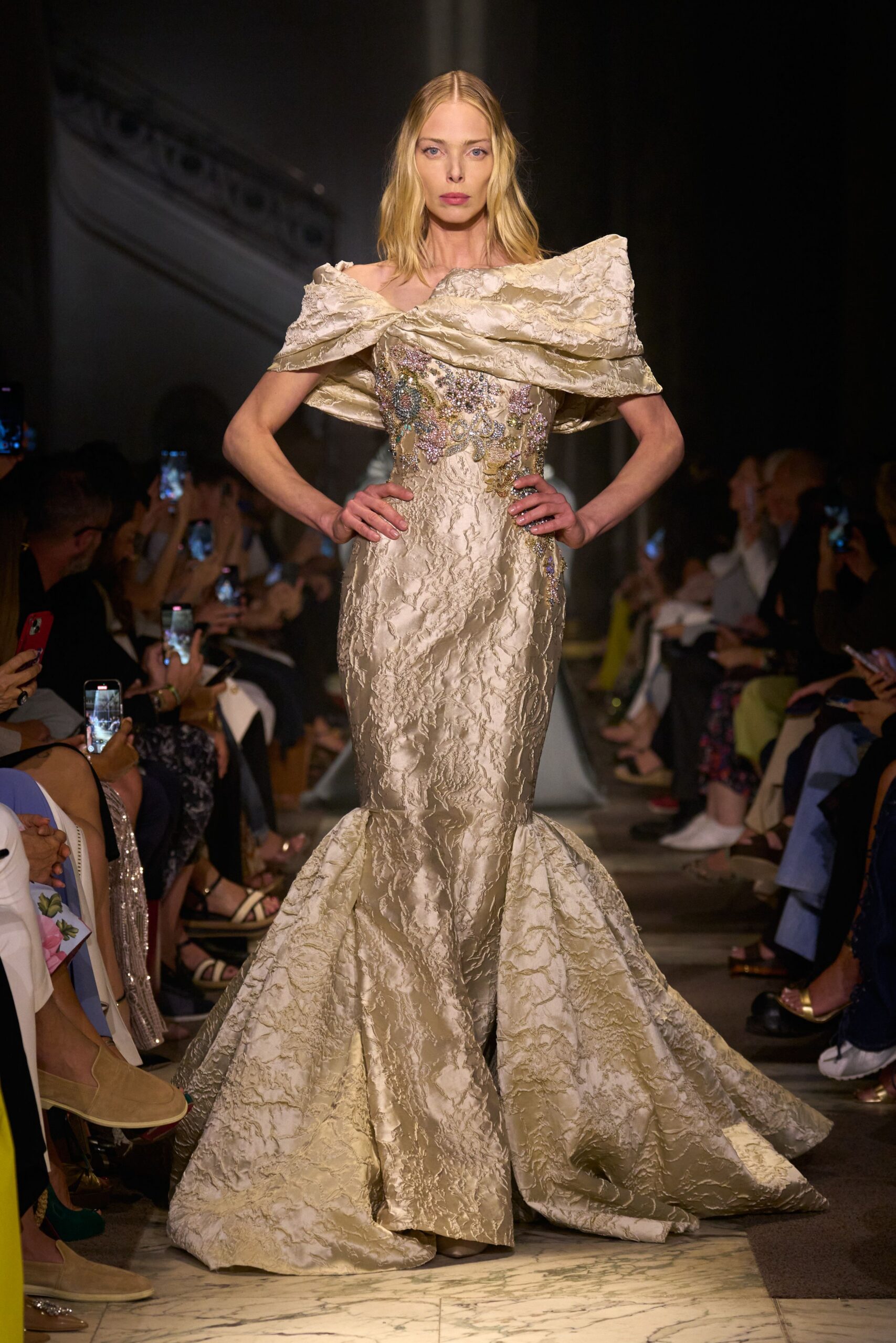 gold embroidered off-shoulder gown