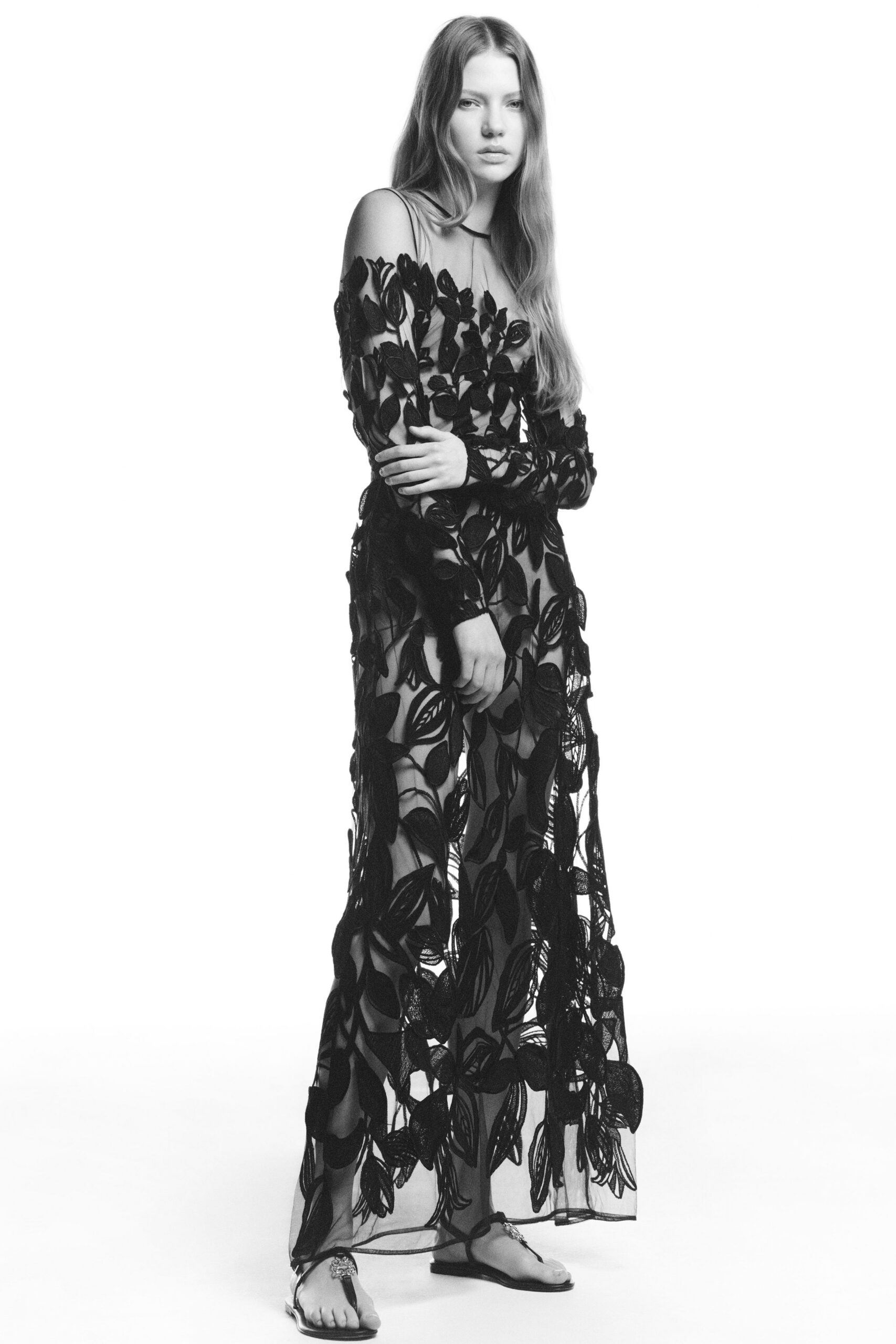 black lace long-sleeve off-shoulder fitted embroidered layered gown