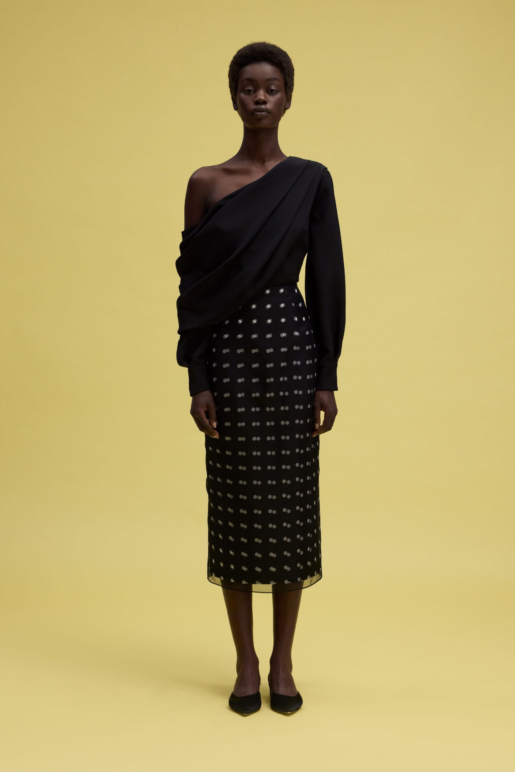 black silk long-sleeve off-shoulder fitted draped pencil dress