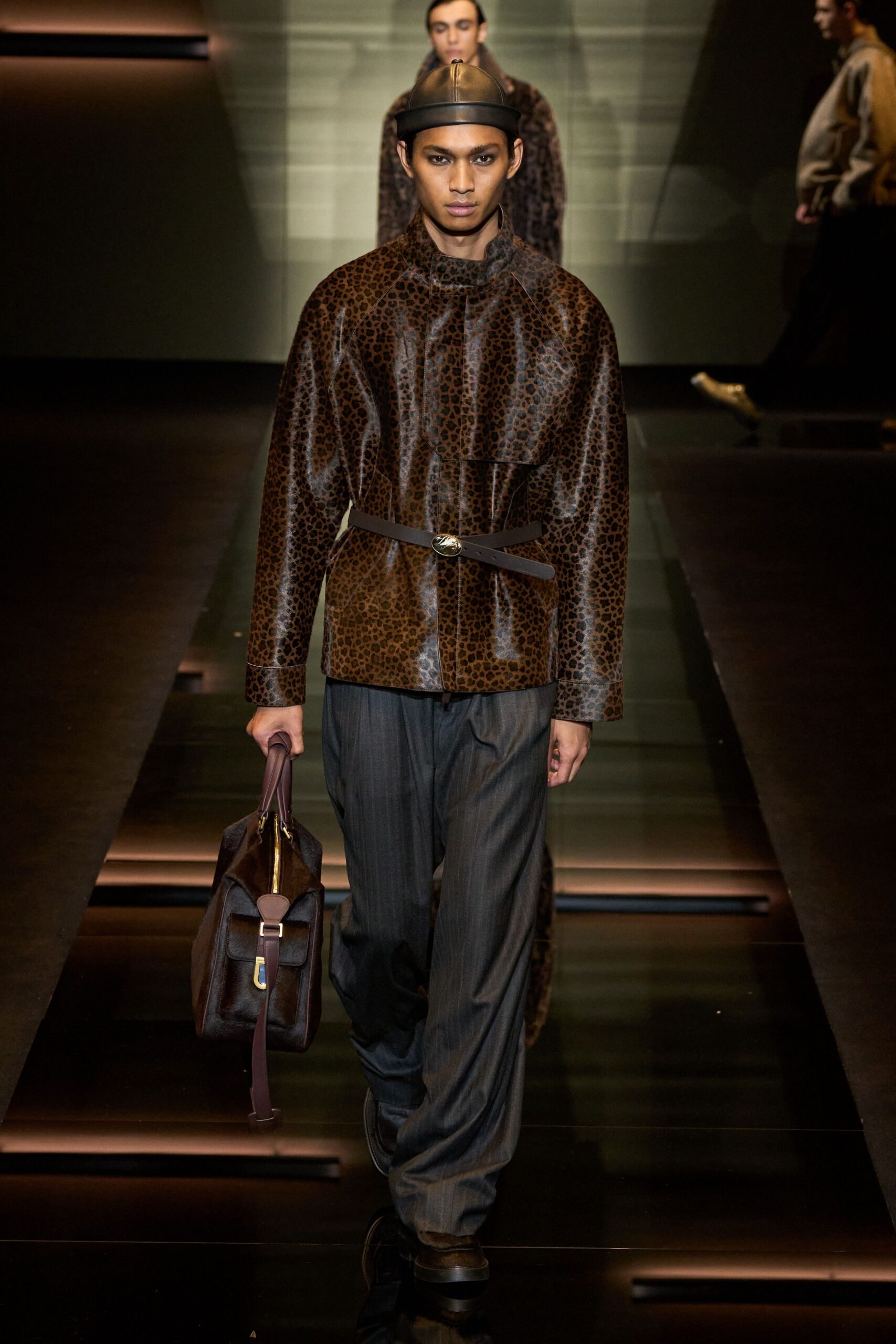brown leather long-sleeve collared relaxed animal-print belted jacket