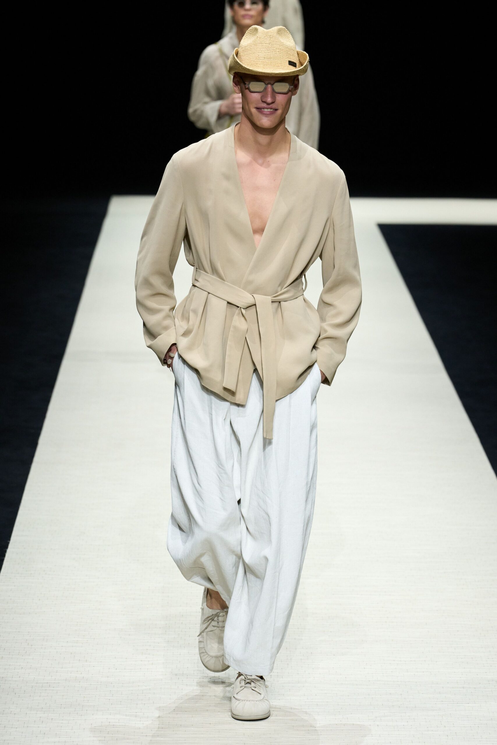 beige jacket with white pants