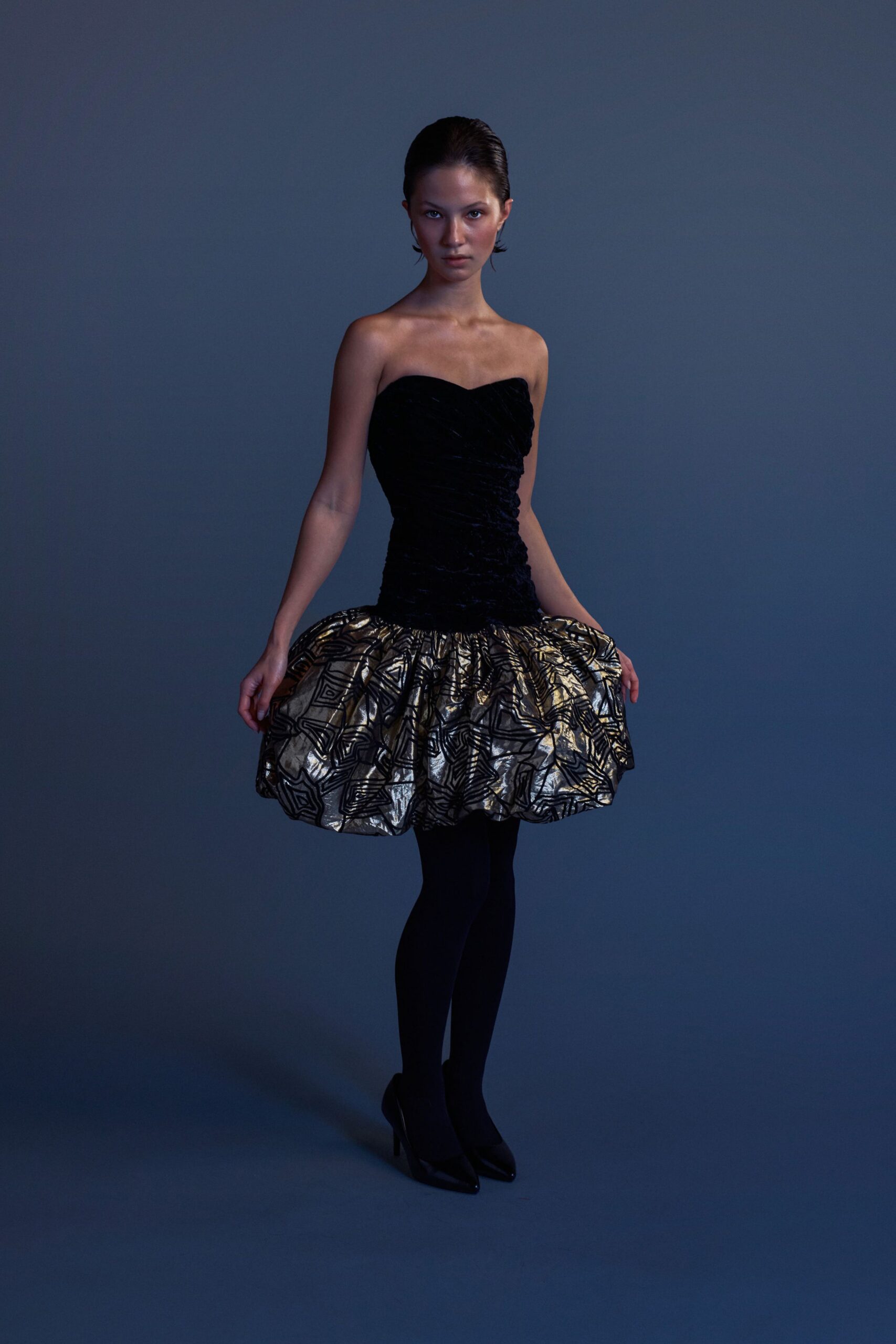 black silk strapless fitted ruffled pleated mini dress