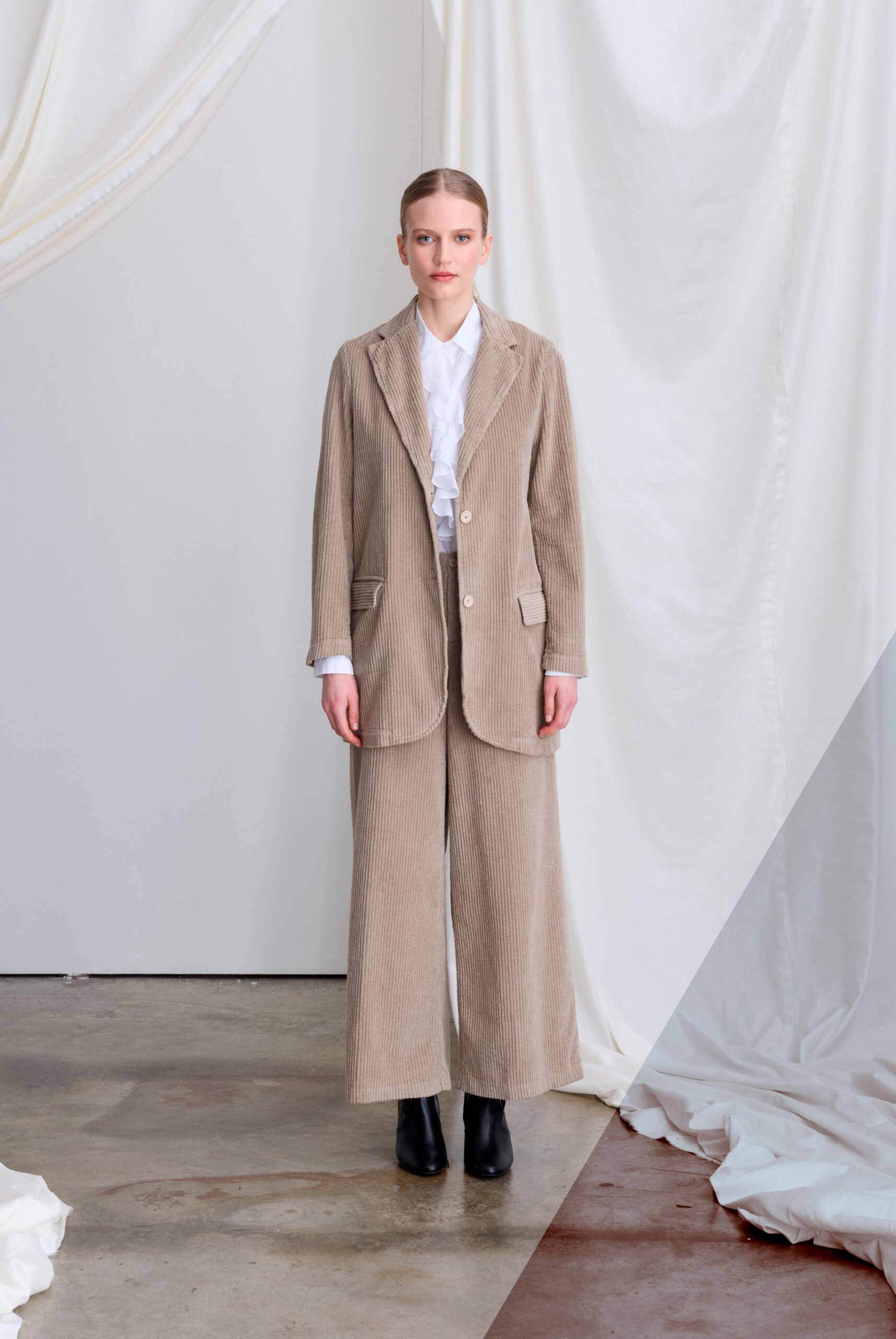 beige tailored blazer with wide-leg pants