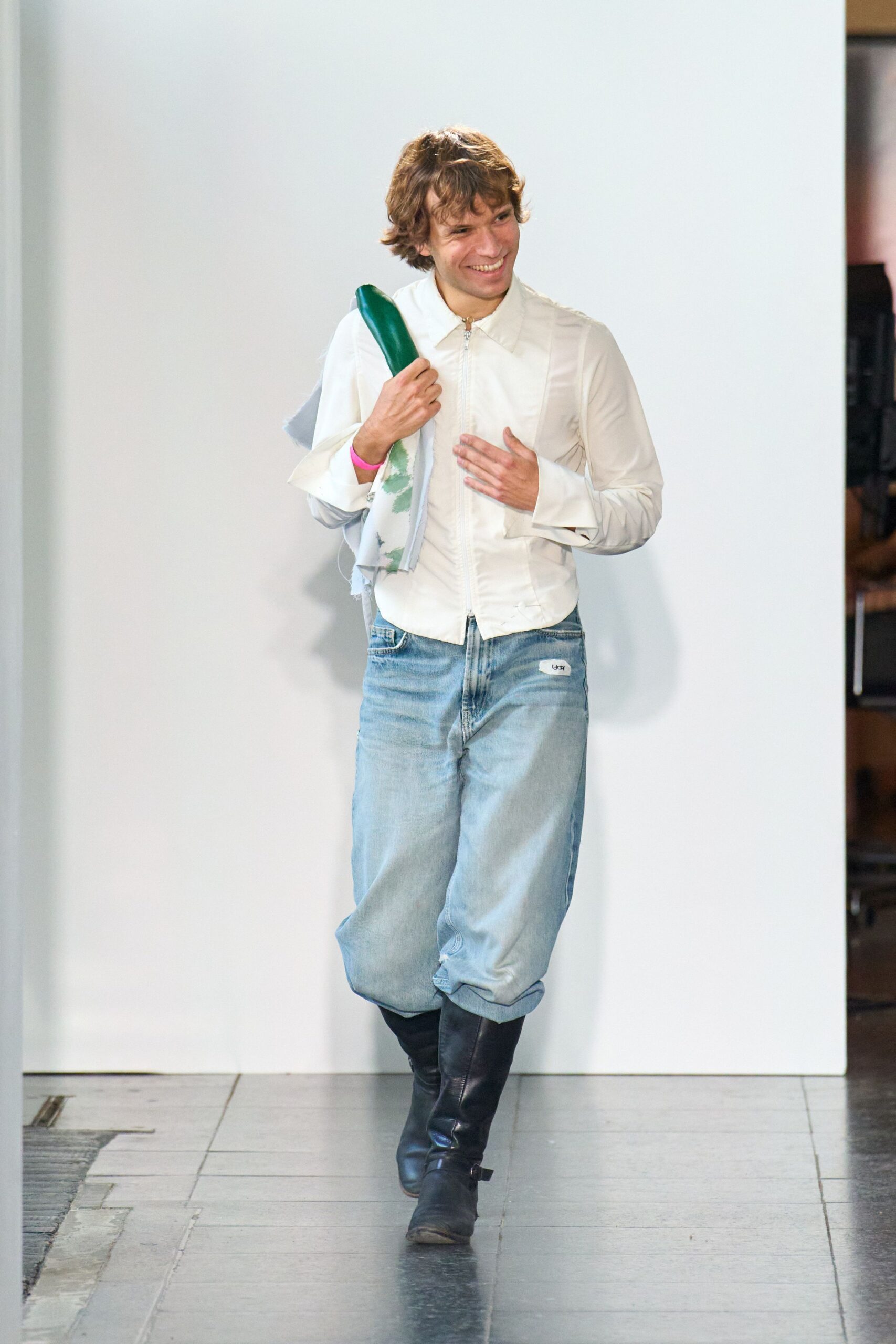 white fitted shirt with relaxed denim pants