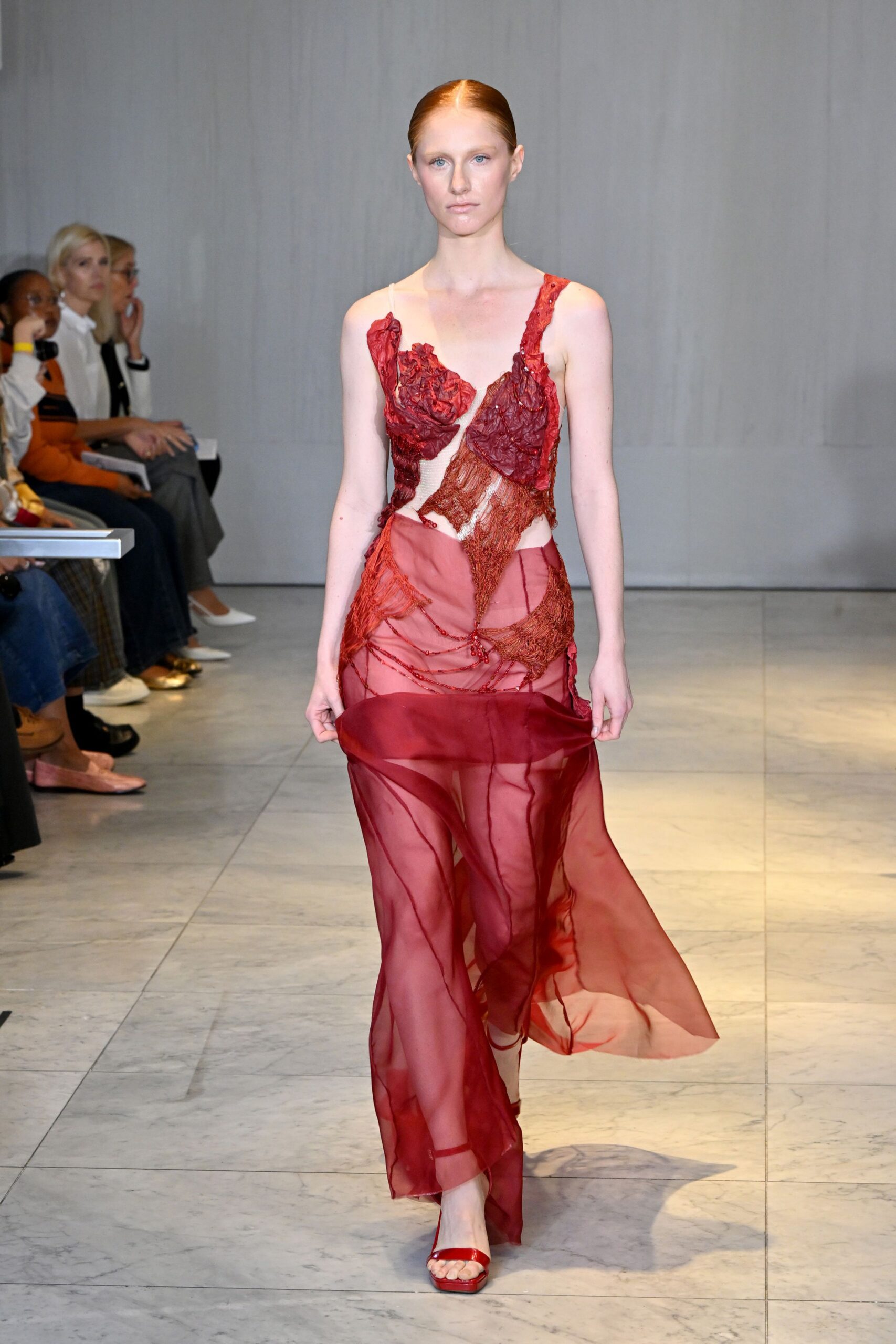 red silk sleeveless v-neck fitted layered embroidered gown