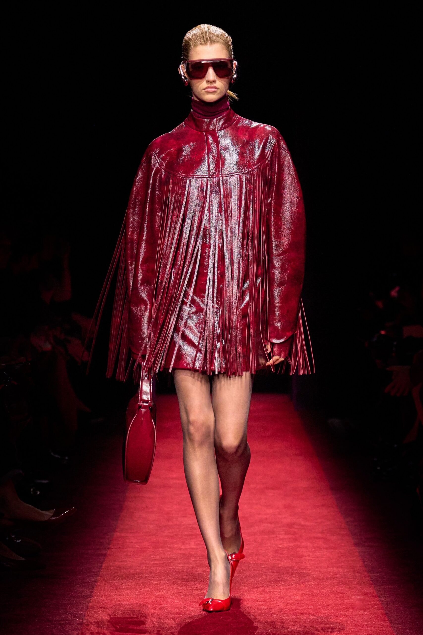 red leather long-sleeve high-neck fitted fringed mini dress
