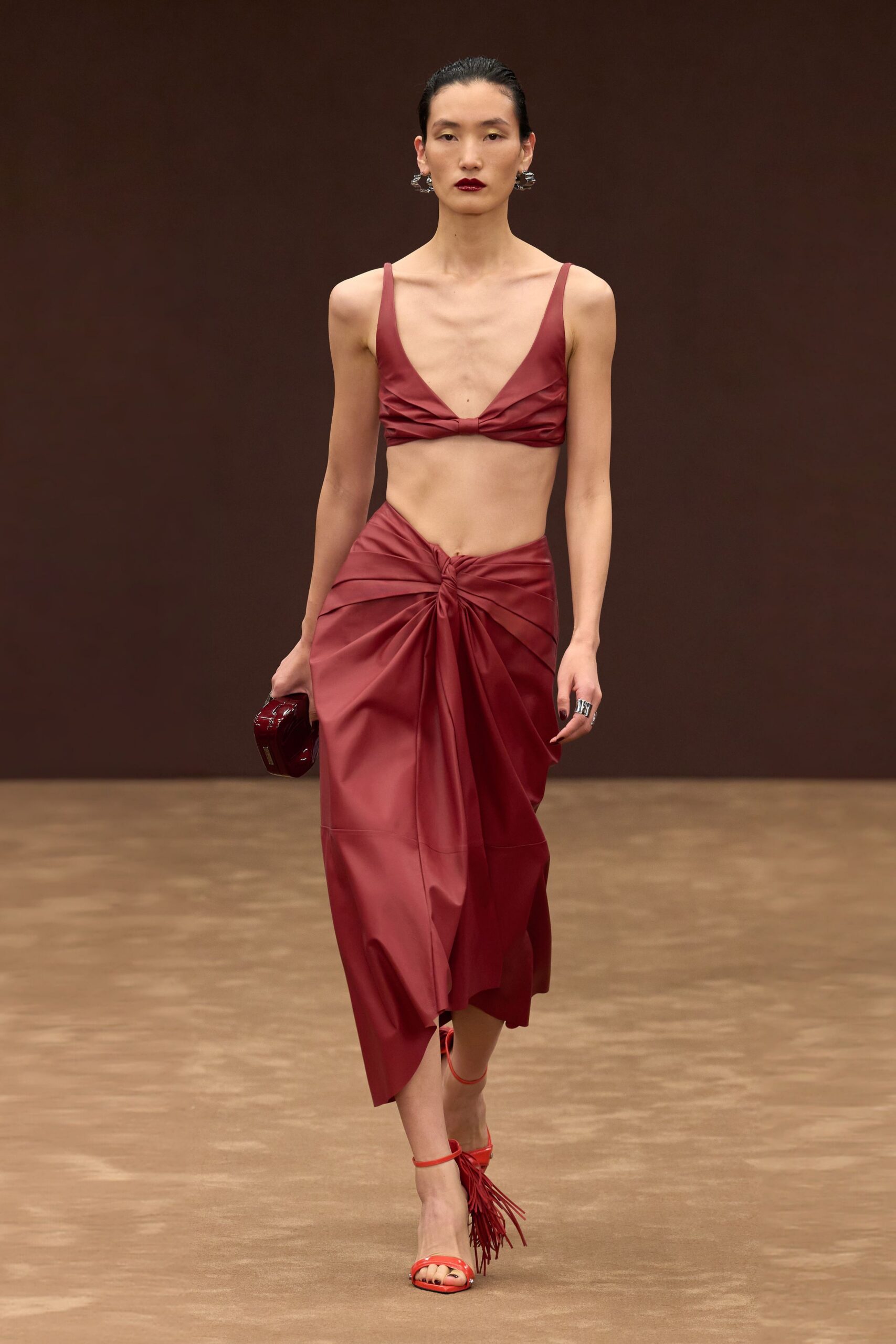 red silk fitted high-waisted draped midi skirt