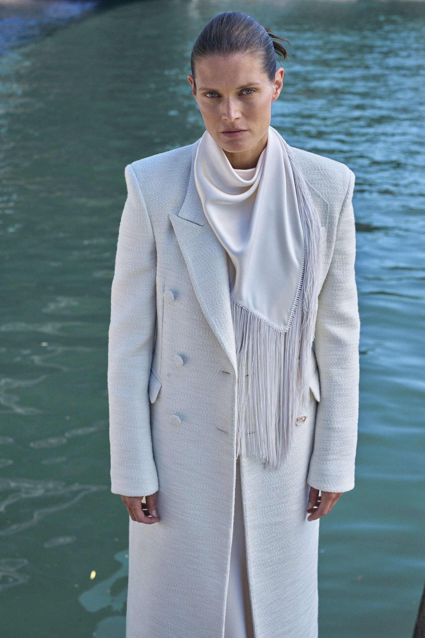 white wool long-sleeve double-breasted structured fringed maxi coat